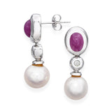14k White Gold Ruby, Diamond and Pearl Drop Earrings