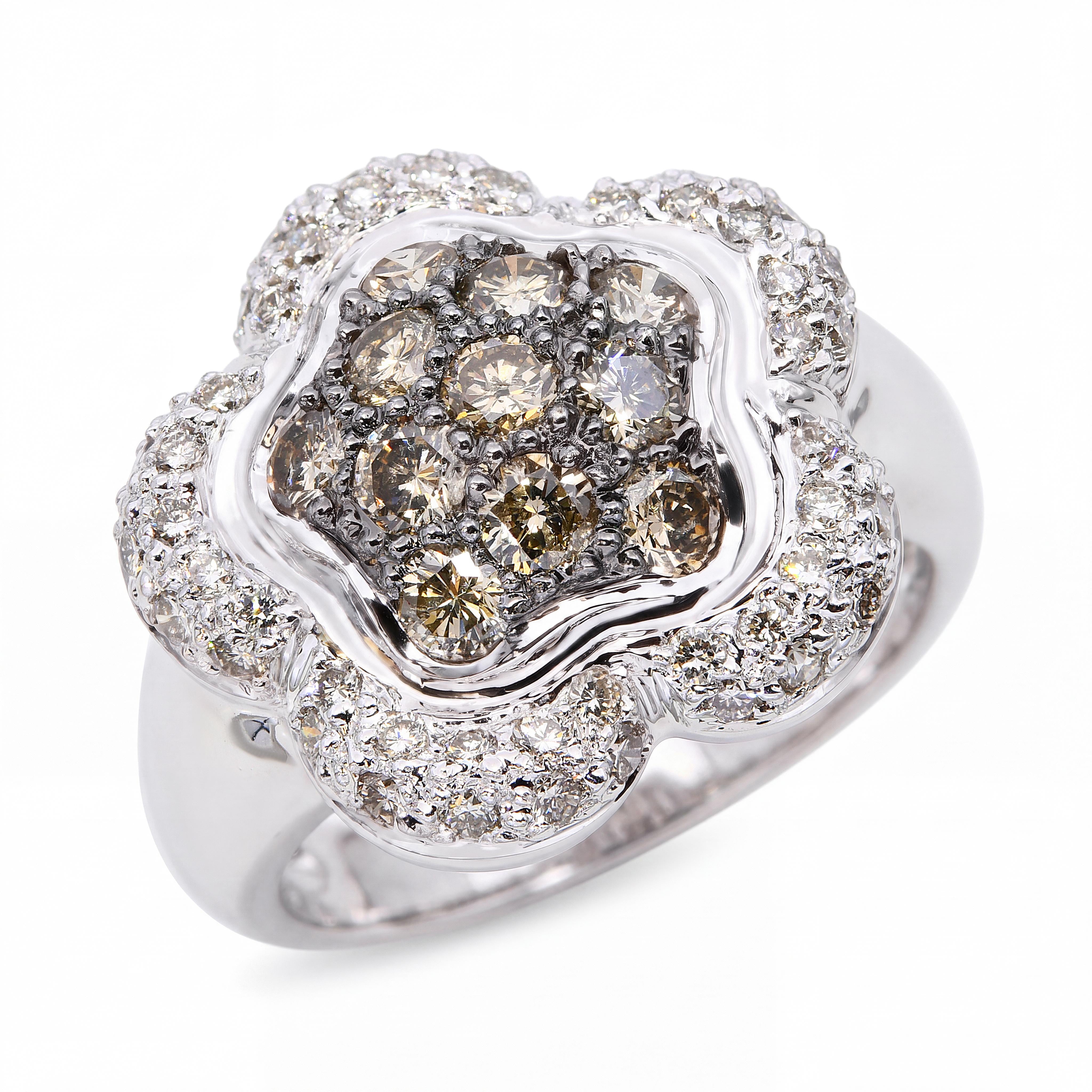 18k White Gold Brown And White  Diamond Floral Ring