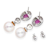 14k White Gold Ruby, Diamond and Pearl Drop Earrings