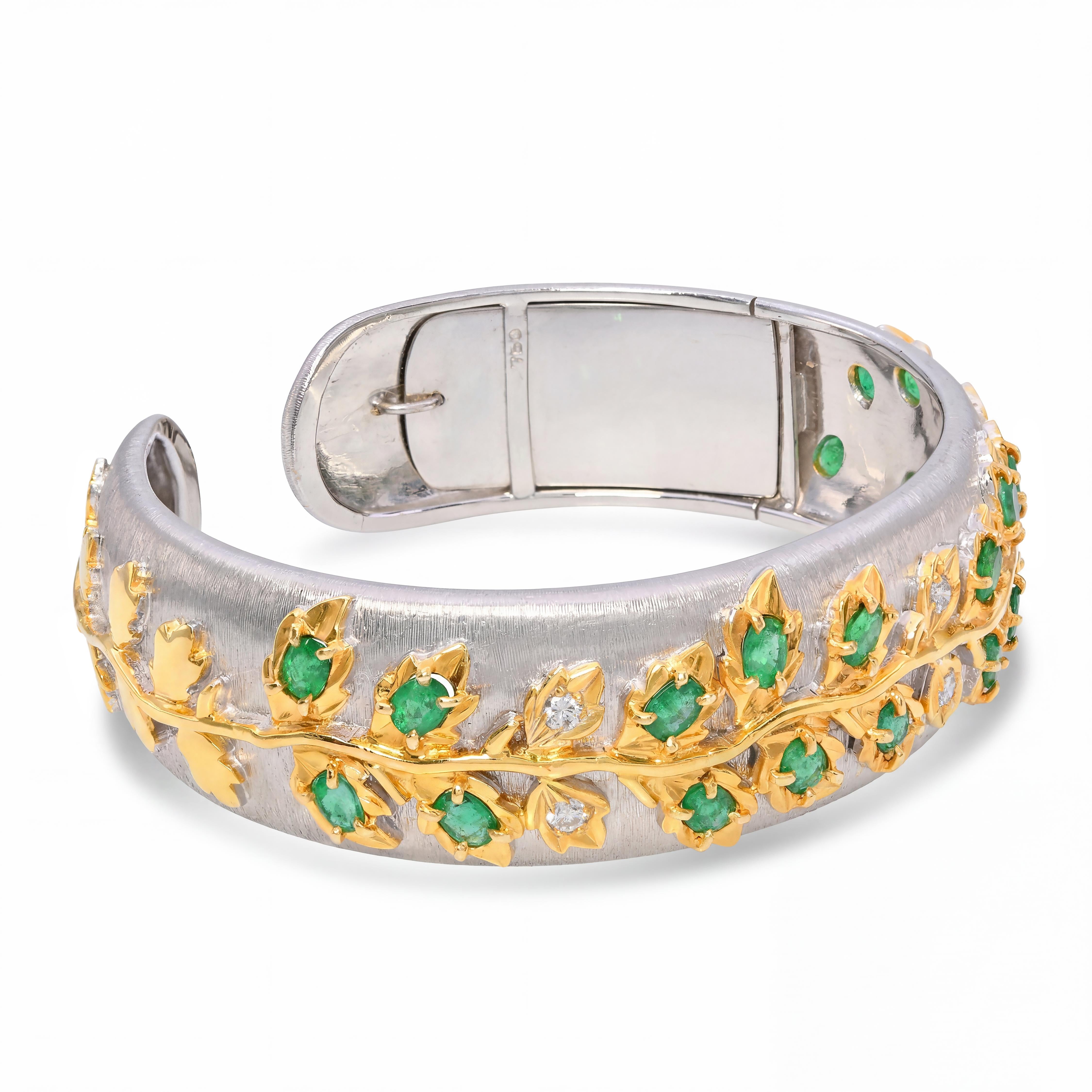 18k Brushed Two Tone Gold Emerald & Diamond Hinged Cuff Bracelet