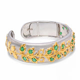 18k Brushed Two Tone Gold Emerald & Diamond Hinged Cuff Bracelet