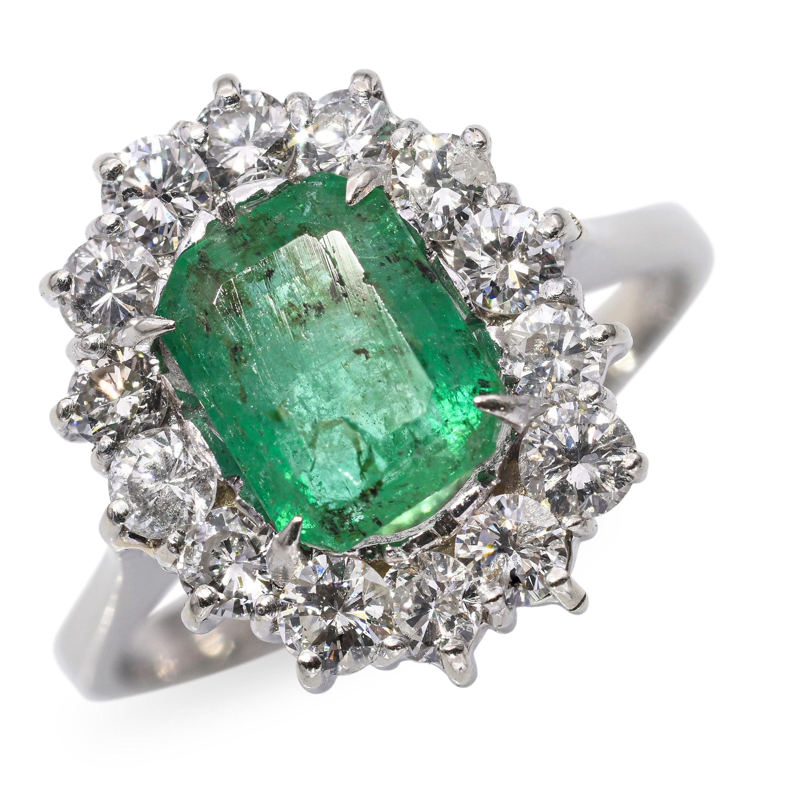 Vintage 18k White Gold 1.49ct Emerald and 0.42tcw Diamond Halo Ring