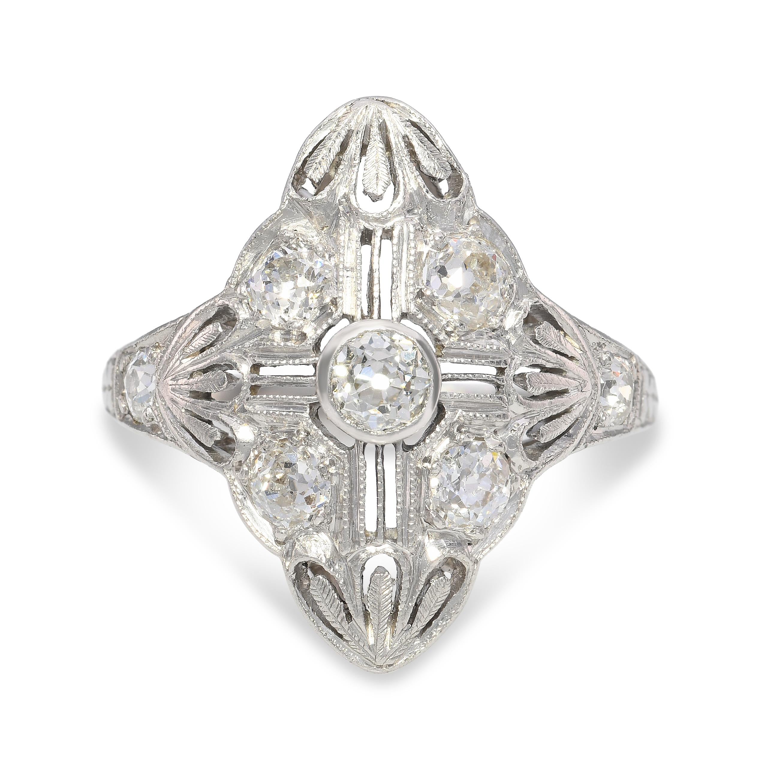 Art Deco Platinum Old European Cut Diamond Geometric Dinner Ring
