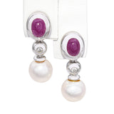 14k White Gold Ruby, Diamond and Pearl Drop Earrings