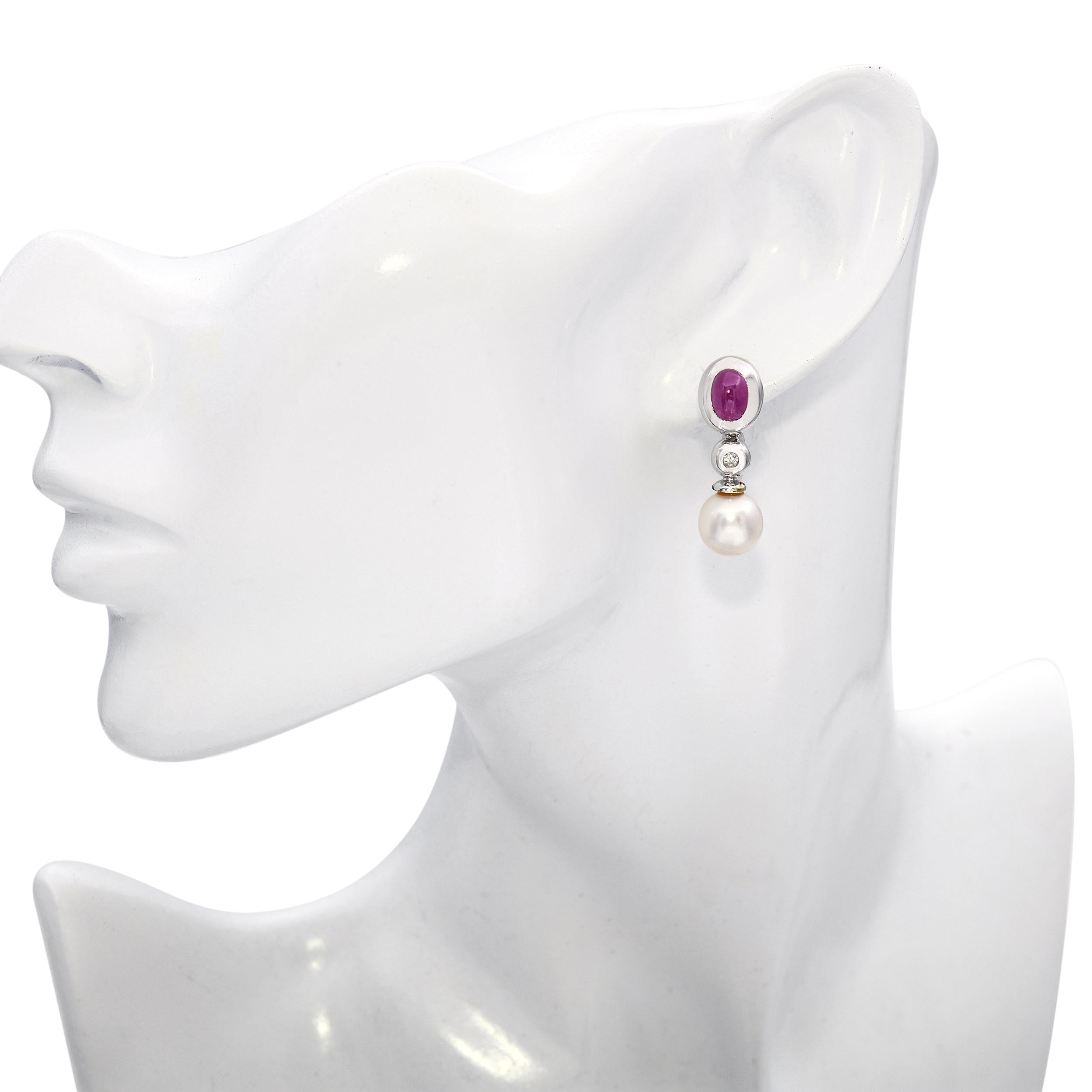 14k White Gold Ruby, Diamond and Pearl Drop Earrings