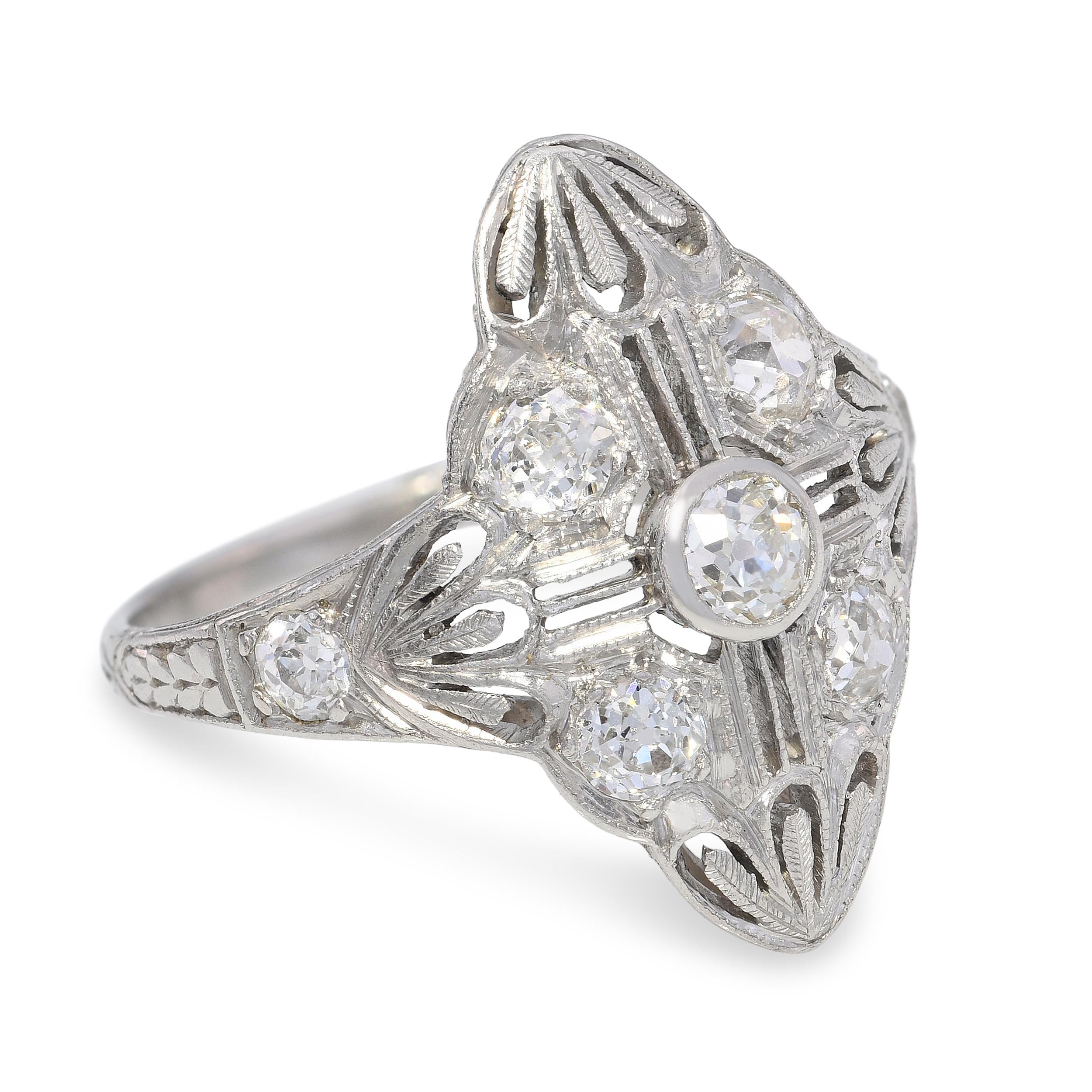 Art Deco Platinum Old European Cut Diamond Geometric Dinner Ring