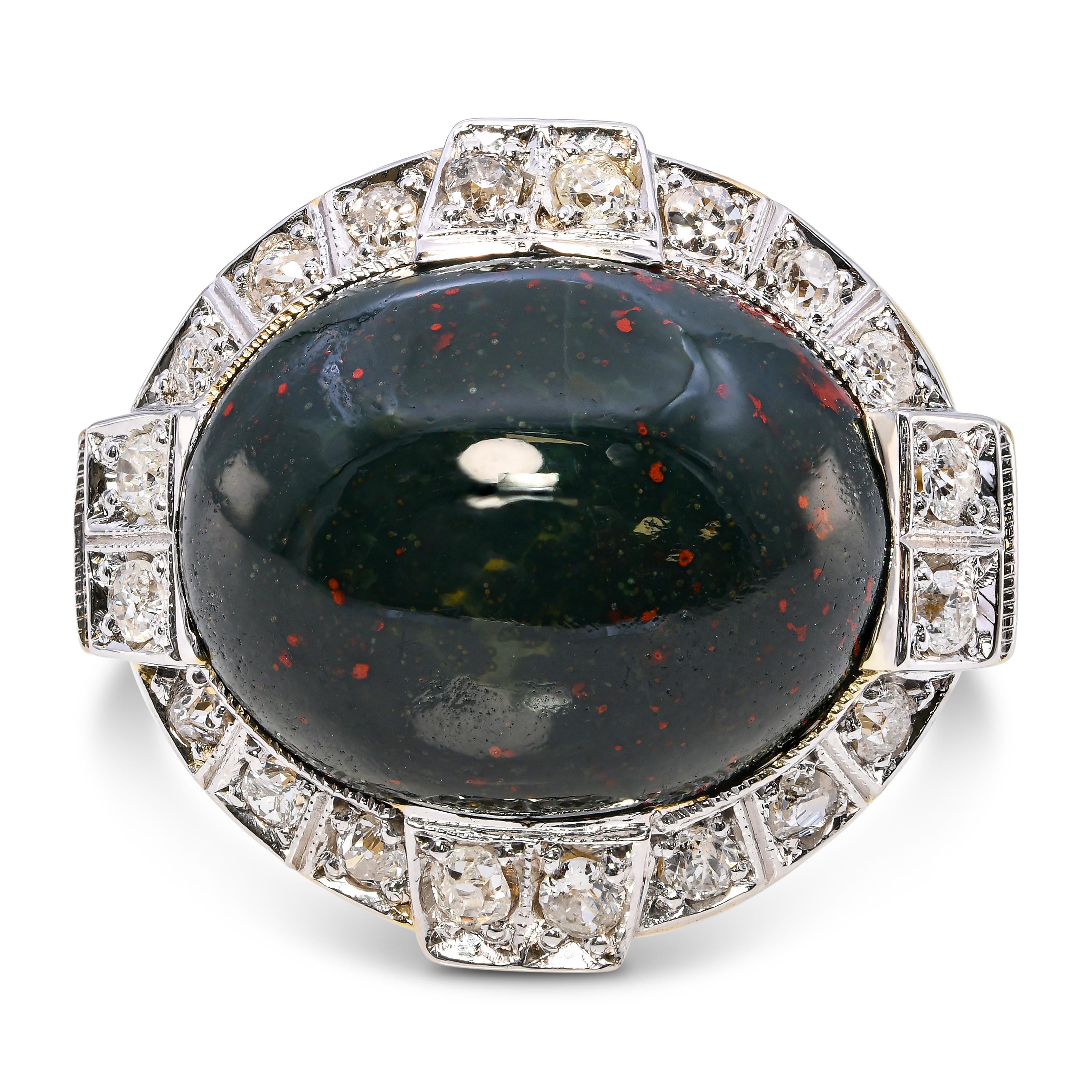 Vintage 9k Two Tone Gold Bloodstone Cabochon & Old Euro Cut Diamond Ring