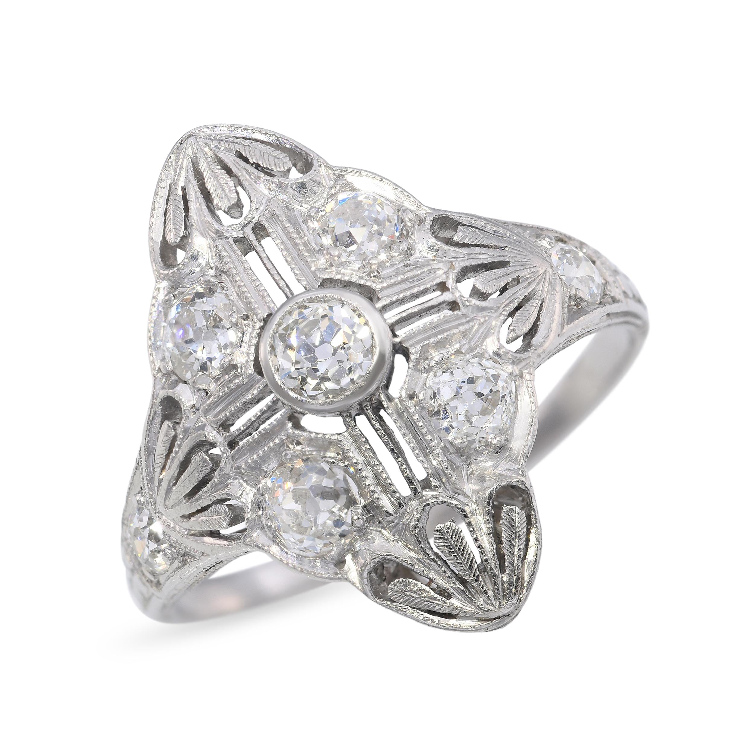Art Deco Platinum Old European Cut Diamond Geometric Dinner Ring