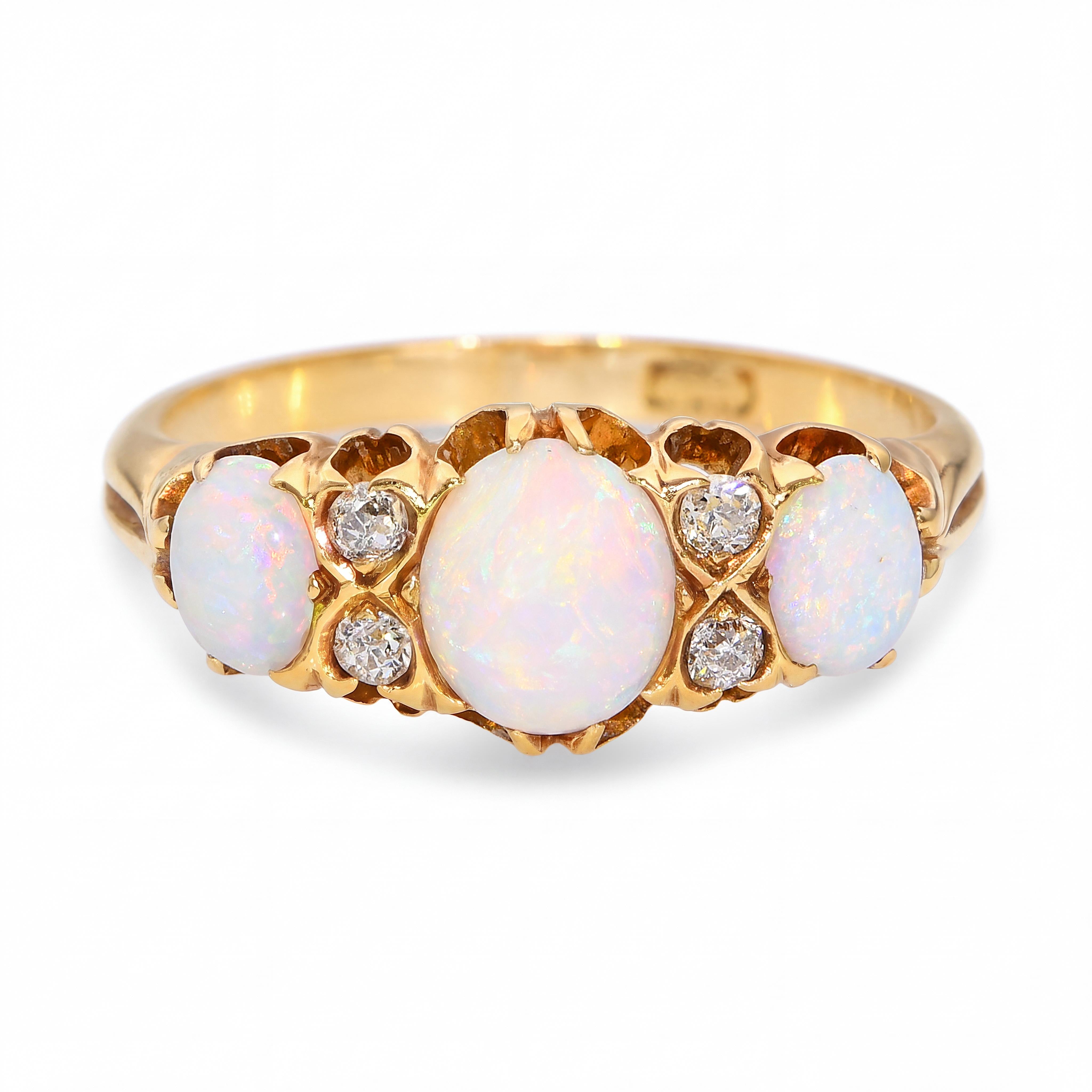 Antique 18k Yellow Gold Australian Opal and Old Mine Cut Diamond Ring