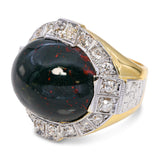 Vintage 9k Two Tone Gold Bloodstone Cabochon & Old Euro Cut Diamond Ring