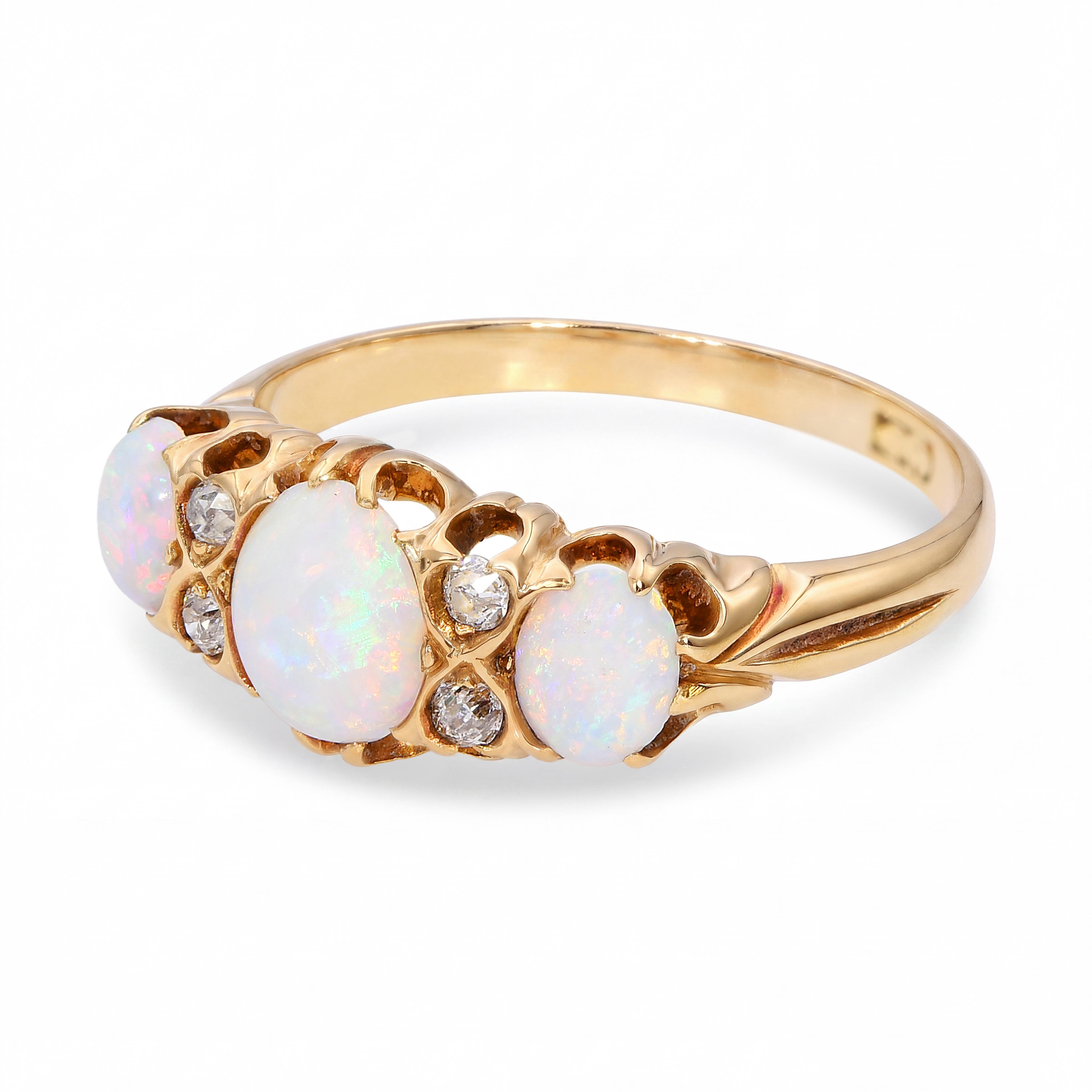 Antique 18k Yellow Gold Australian Opal and Old Mine Cut Diamond Ring