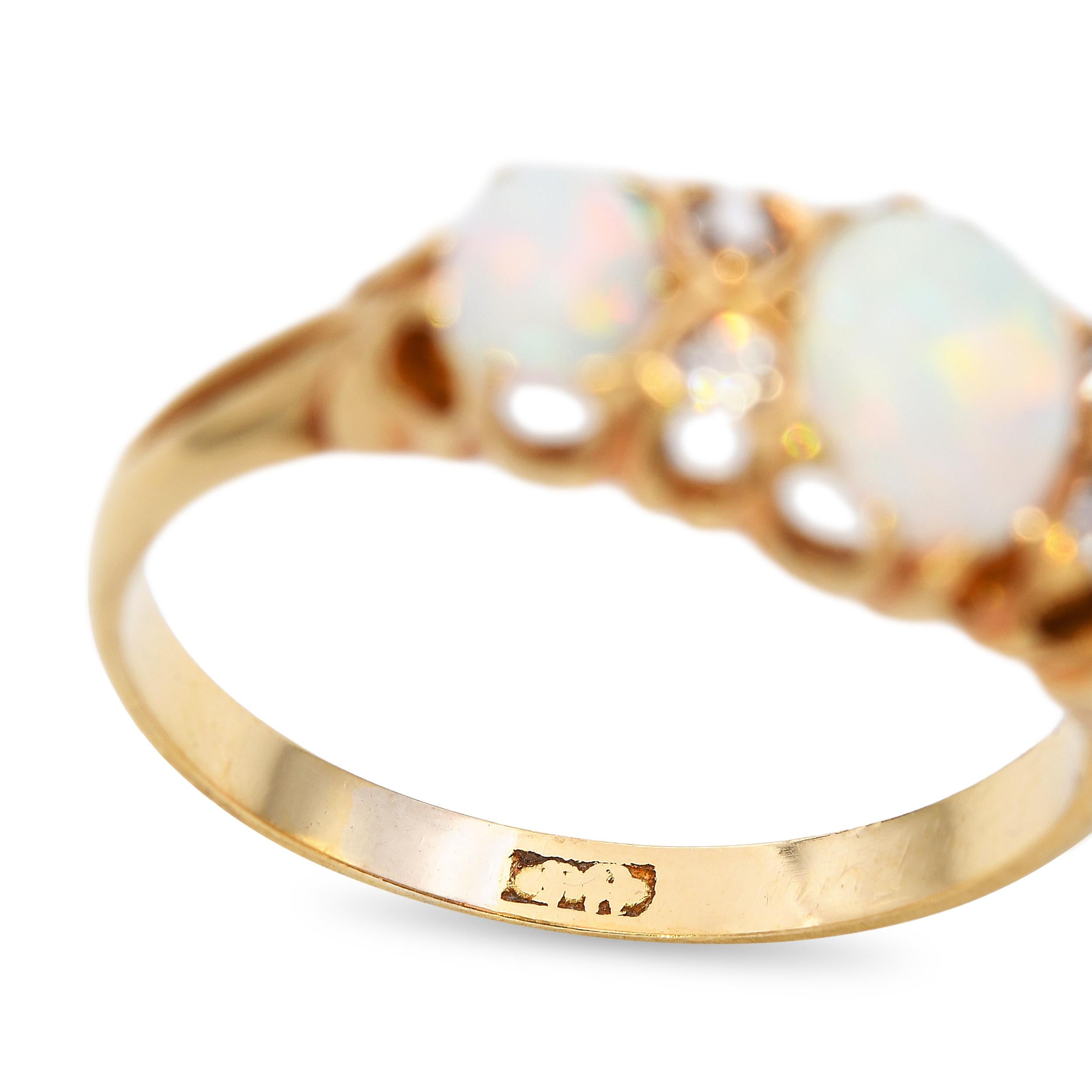 Antique 18k Yellow Gold Australian Opal and Old Mine Cut Diamond Ring