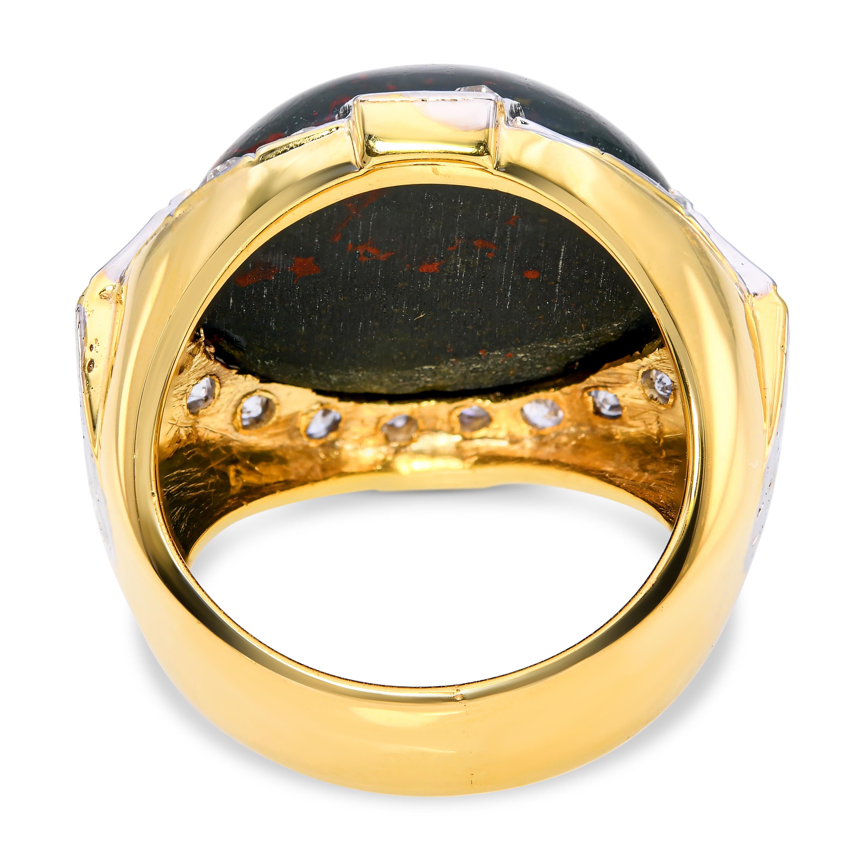 Vintage 9k Two Tone Gold Bloodstone Cabochon & Old Euro Cut Diamond Ring