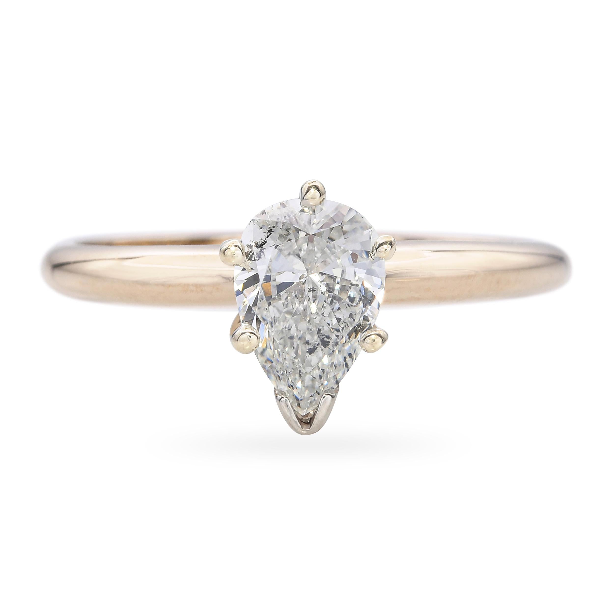 Vintage 14k Yellow Gold GIA H I1 0.65ct Pear Diamond Ring