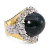 Vintage 9k Two Tone Gold Bloodstone Cabochon & Old Euro Cut Diamond Ring