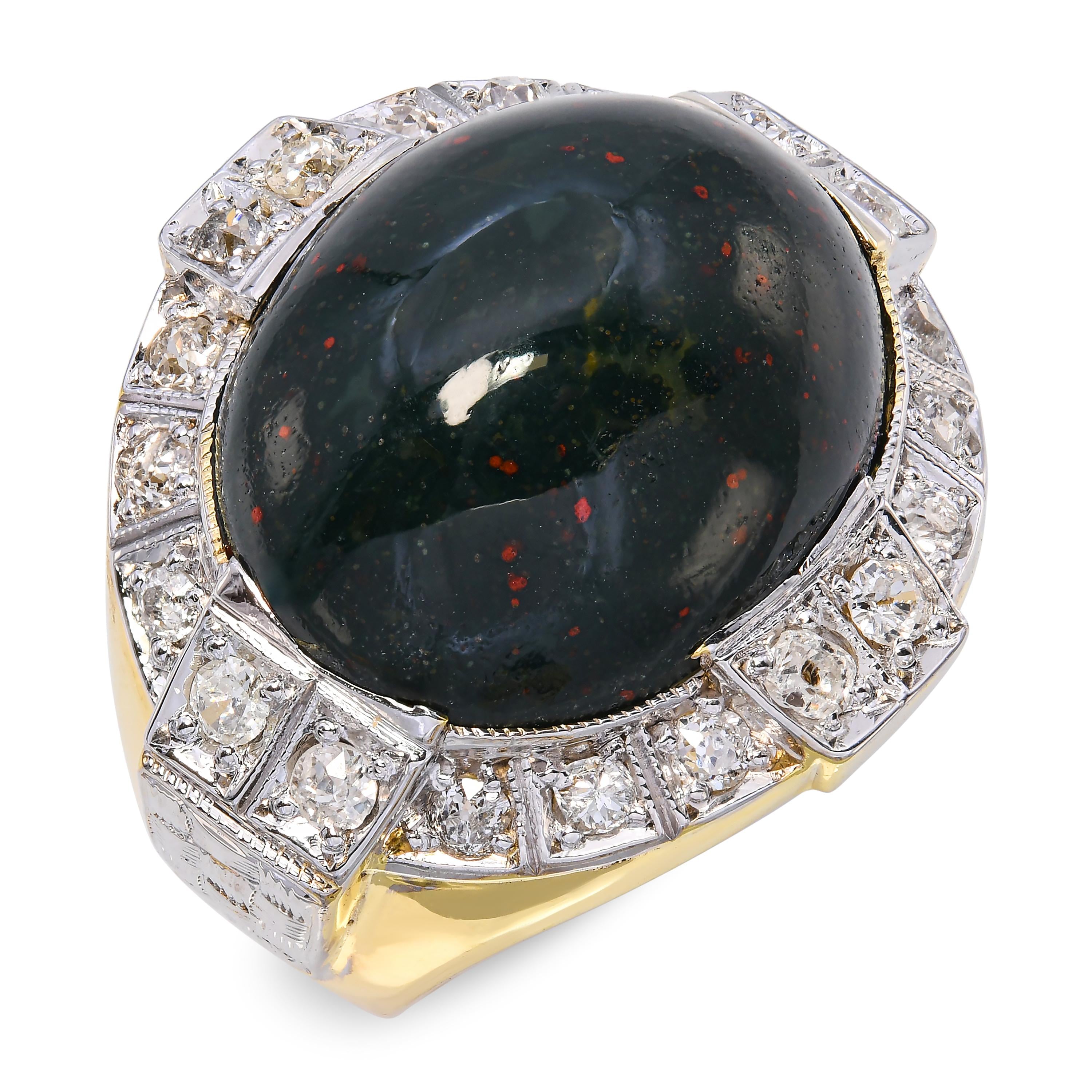 Vintage 9k Two Tone Gold Bloodstone Cabochon & Old Euro Cut Diamond Ring