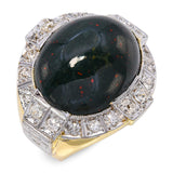 Vintage 9k Two Tone Gold Bloodstone Cabochon & Old Euro Cut Diamond Ring