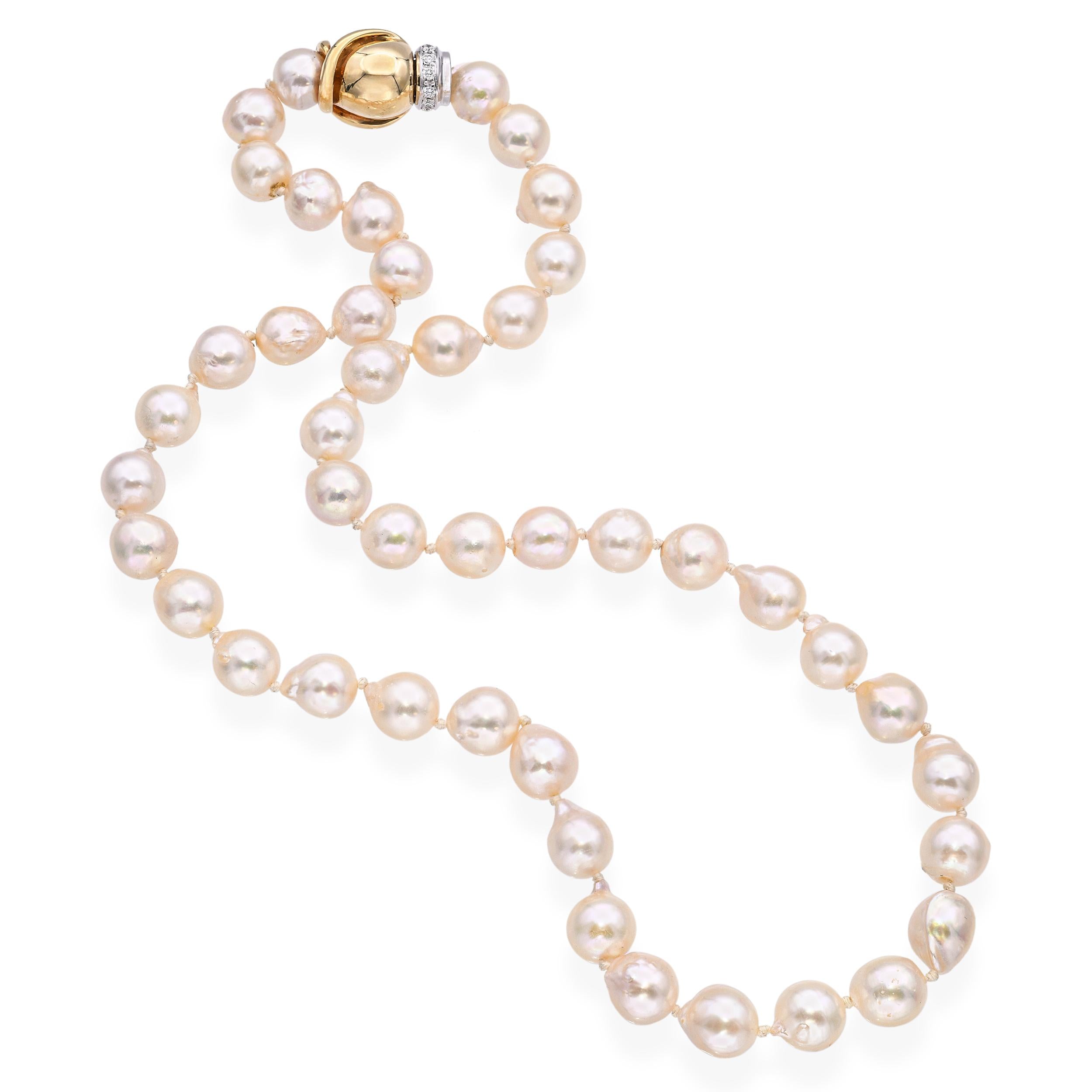 Vintage 14k Yellow Gold and Diamond Clasp Semi-Baroque Pearl Strand Necklace