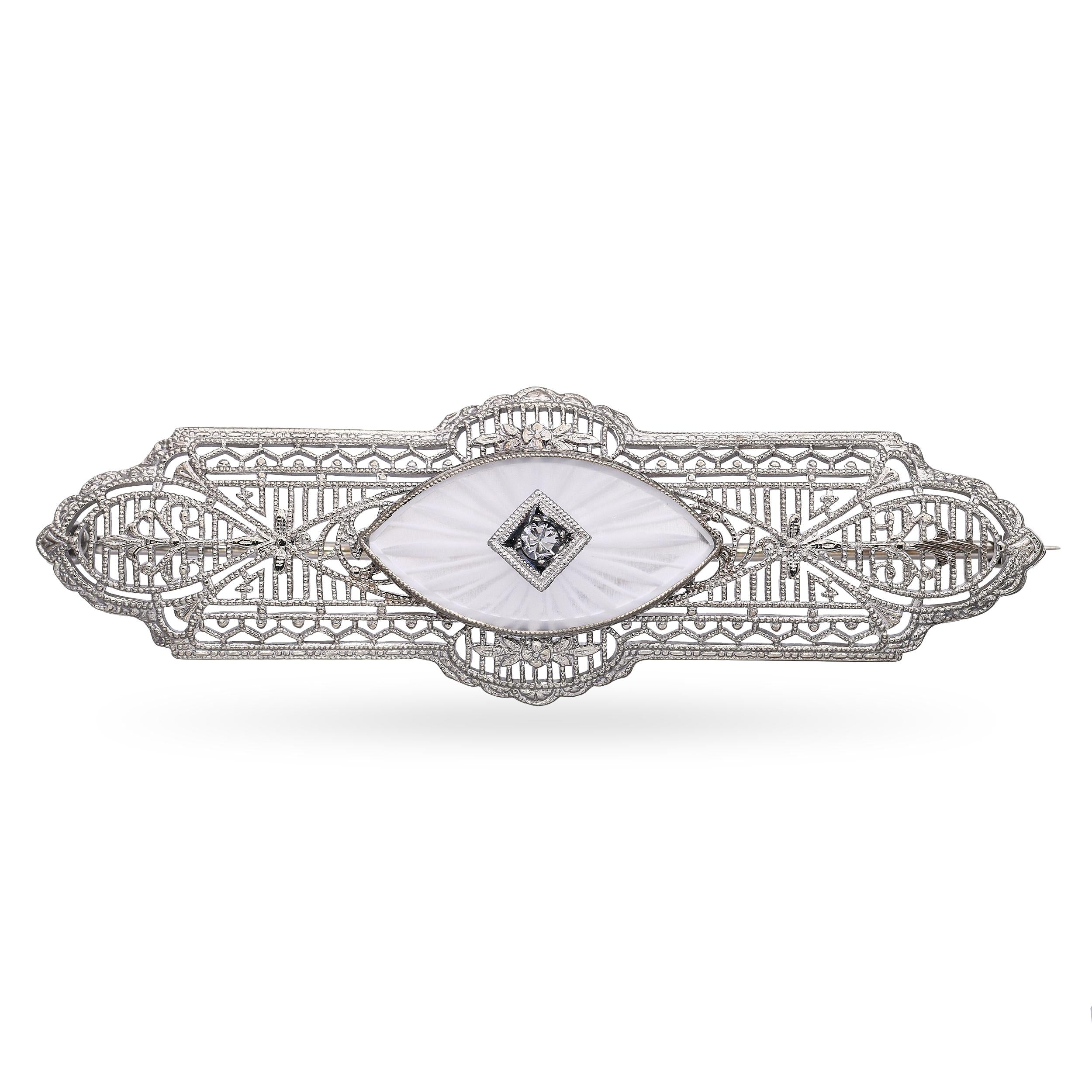 Antique 10k White Gold Diamond and Intaglio Filigree Bar Brooch