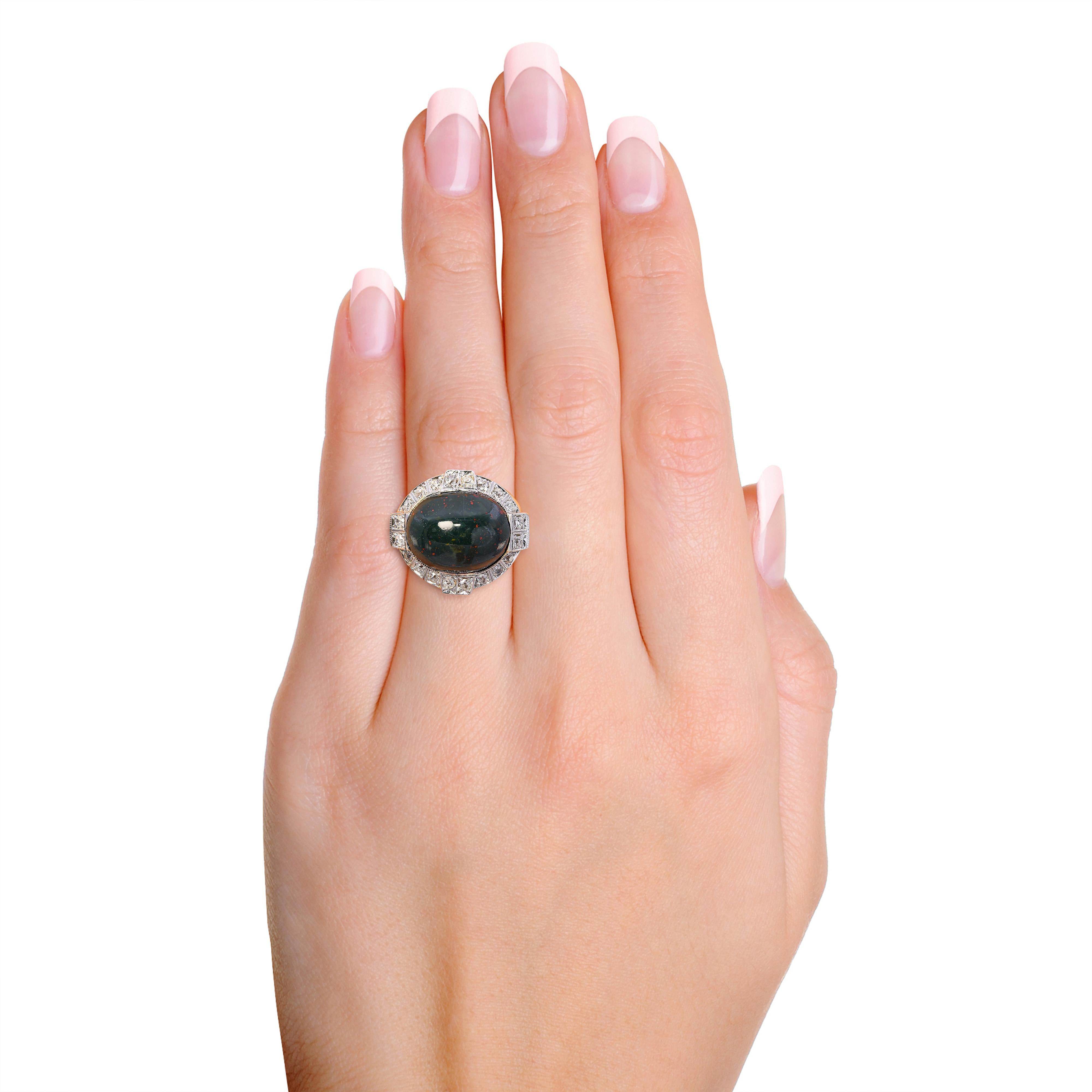 Vintage 9k Two Tone Gold Bloodstone Cabochon & Old Euro Cut Diamond Ring
