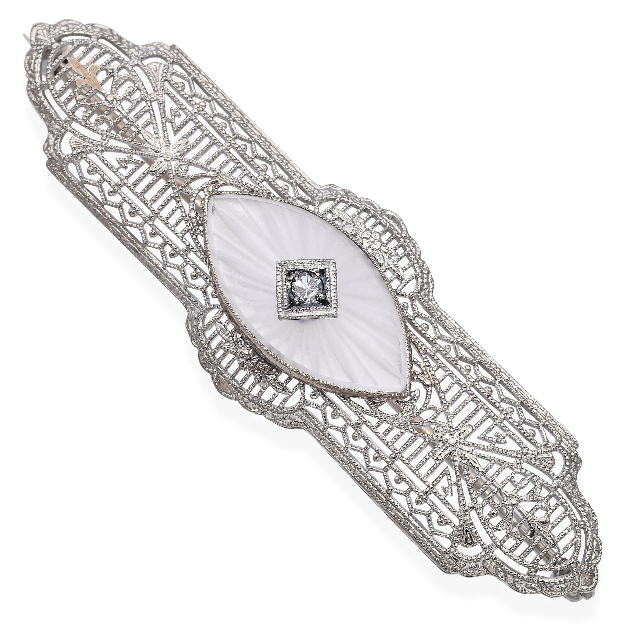 Antique 10k White Gold Diamond and Intaglio Filigree Bar Brooch