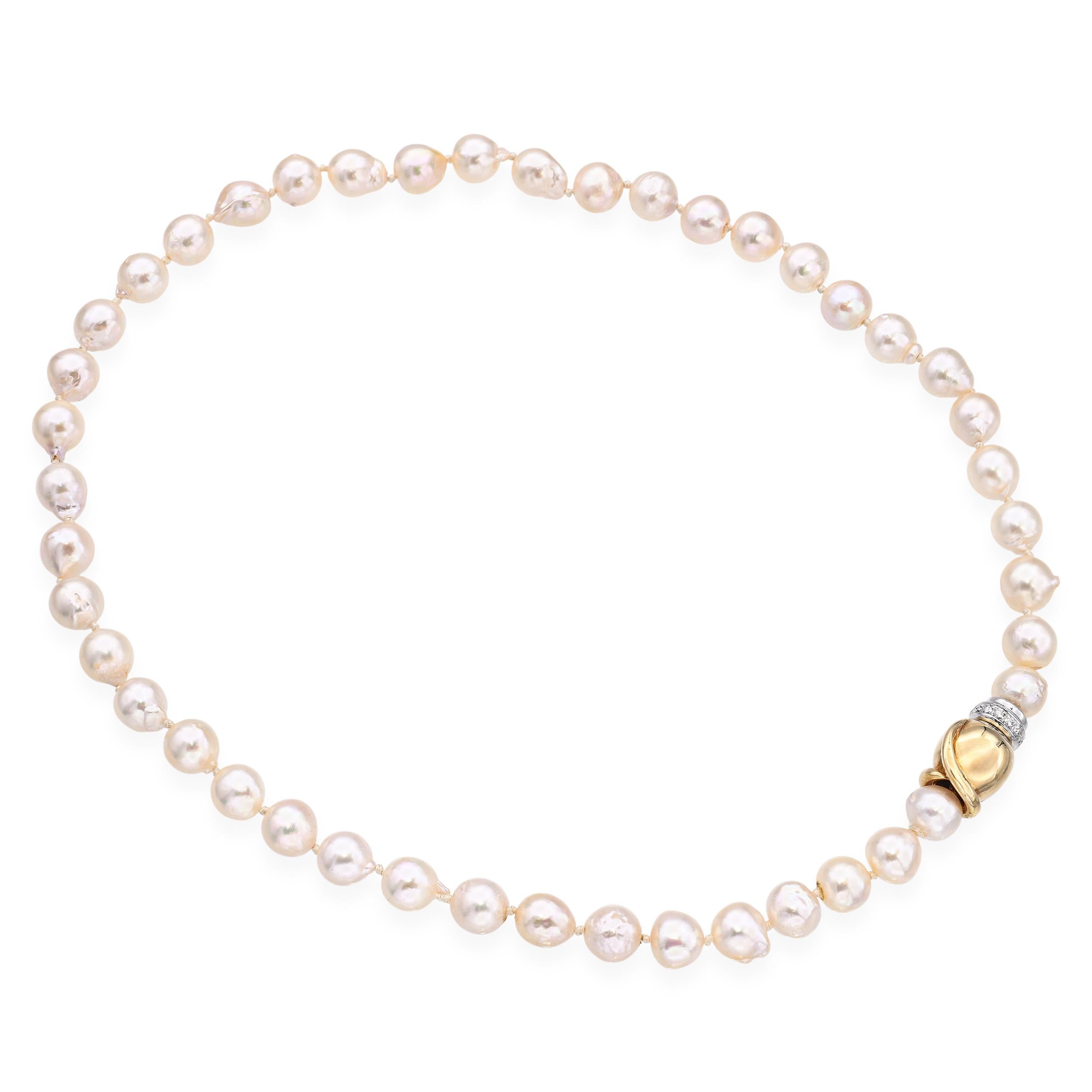 Vintage 14k Yellow Gold and Diamond Clasp Semi-Baroque Pearl Strand Necklace