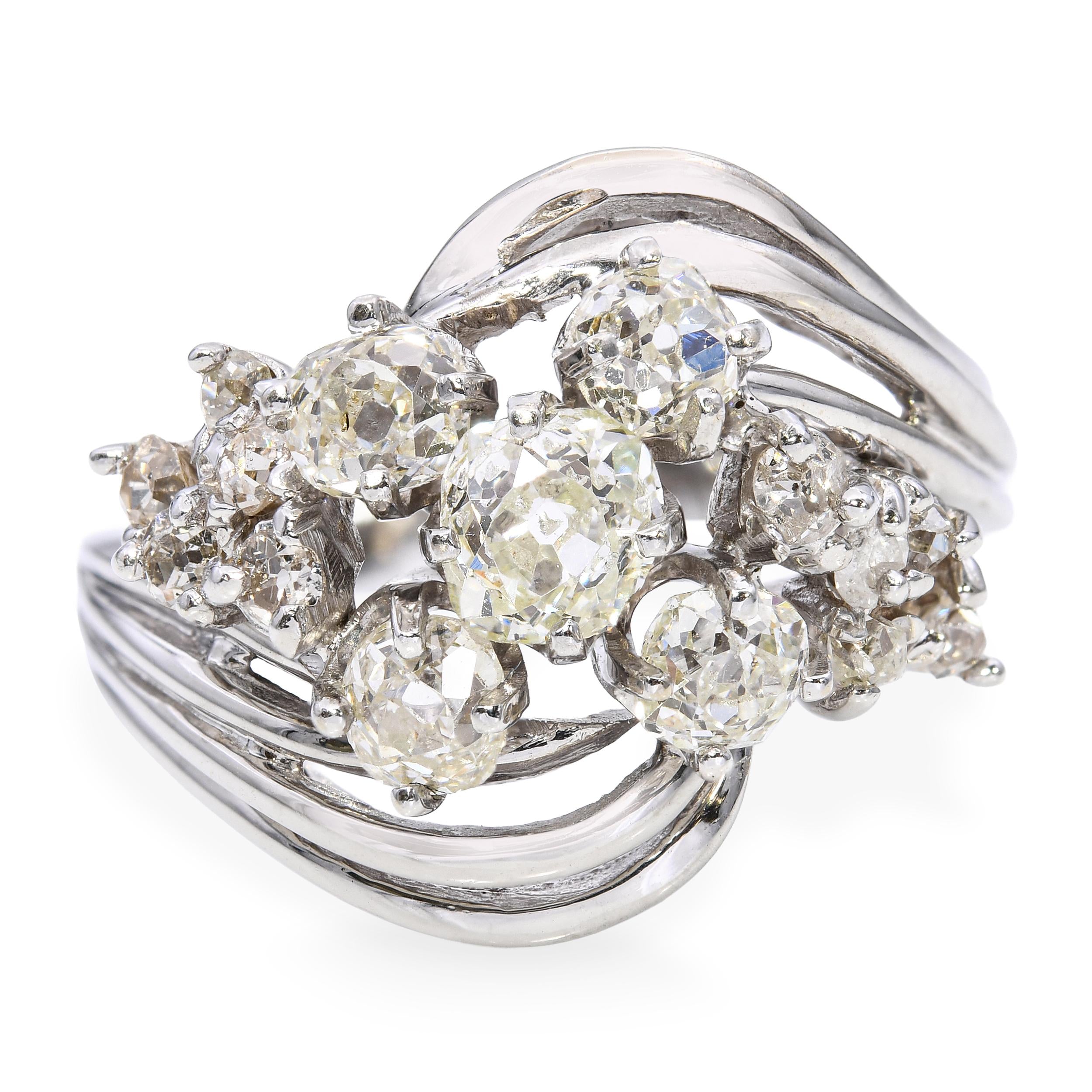 Vintage 14k White Gold 1.83tcw Old Mine Cut Diamond Cluster Ring