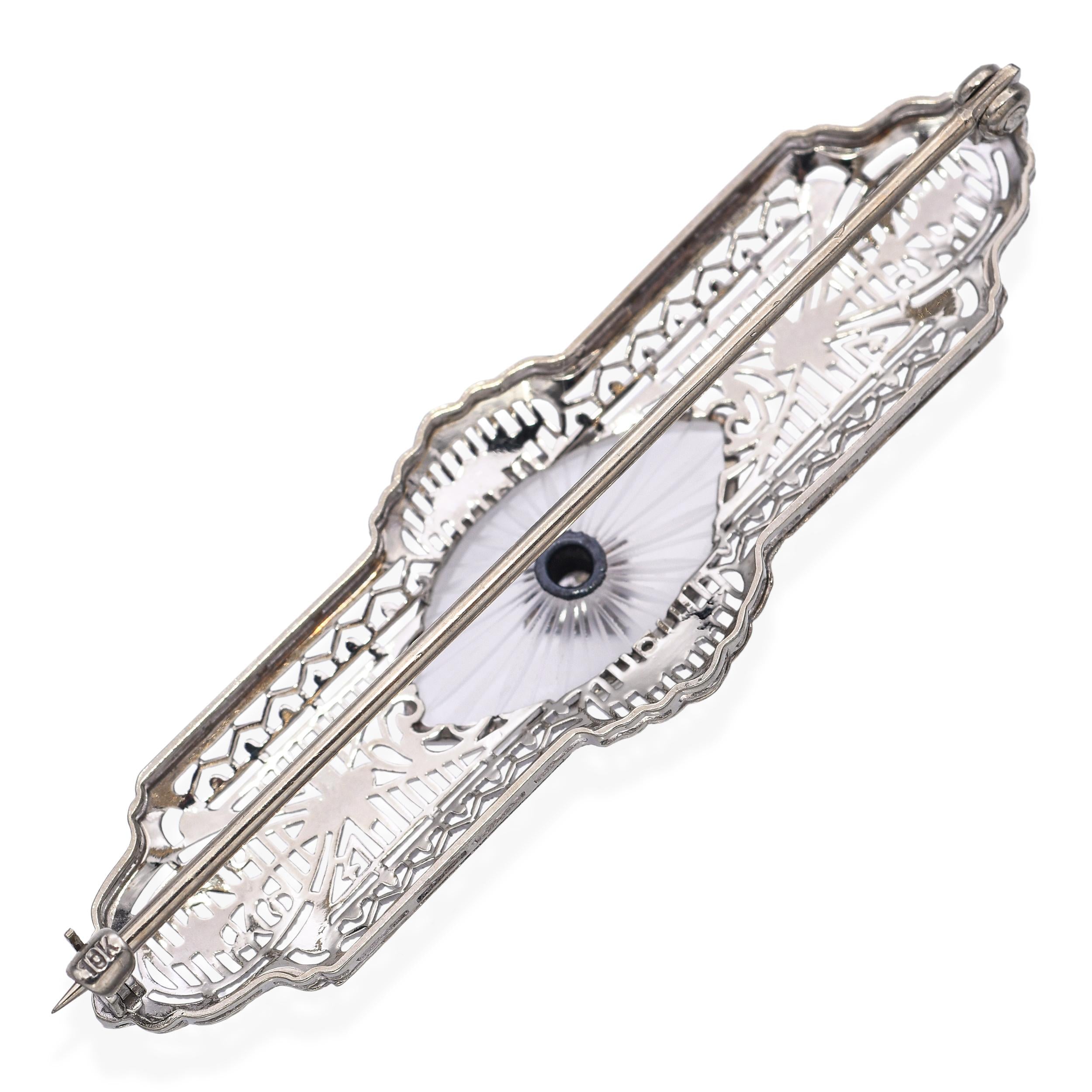 Antique 10k White Gold Diamond and Intaglio Filigree Bar Brooch