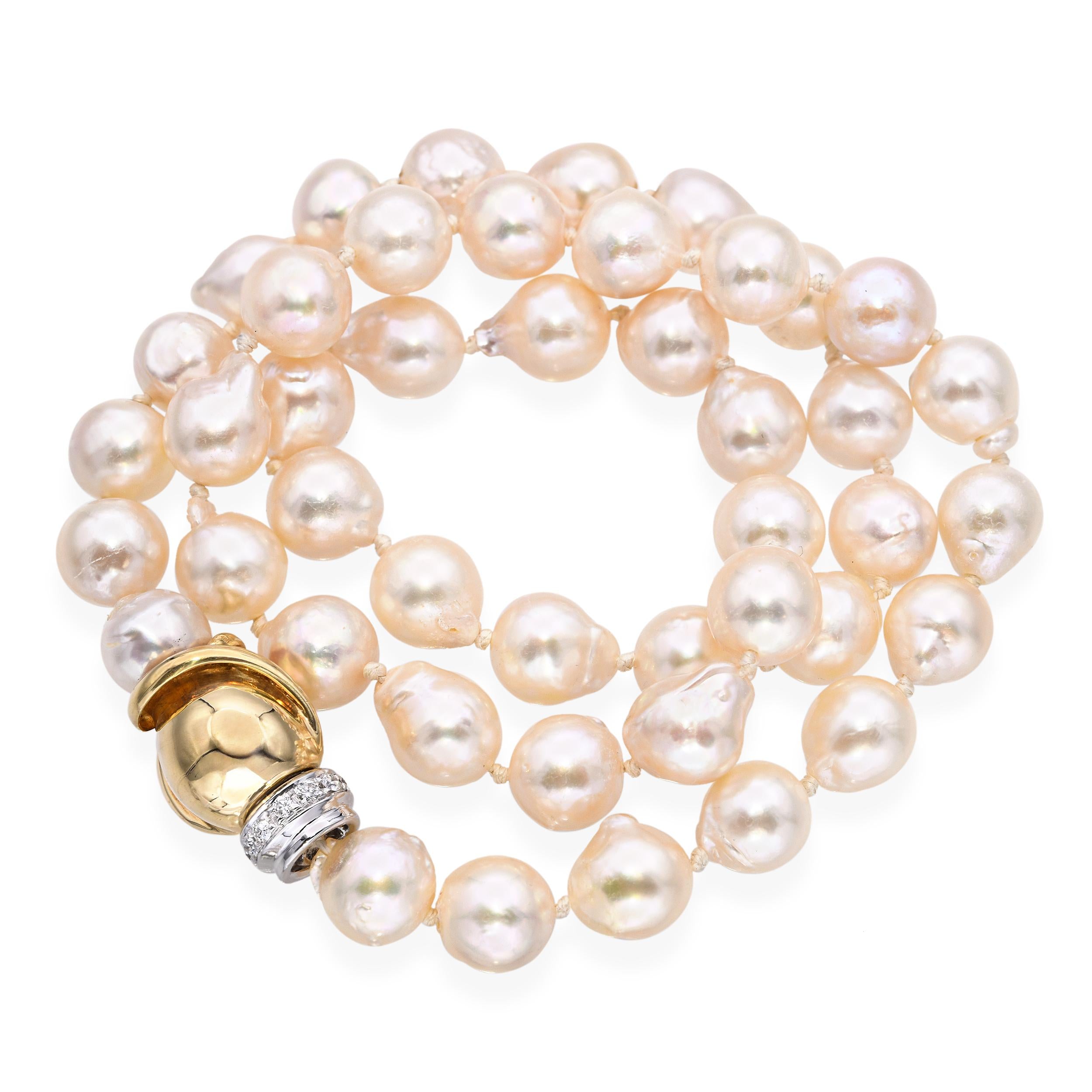 Vintage 14k Yellow Gold and Diamond Clasp Semi-Baroque Pearl Strand Necklace