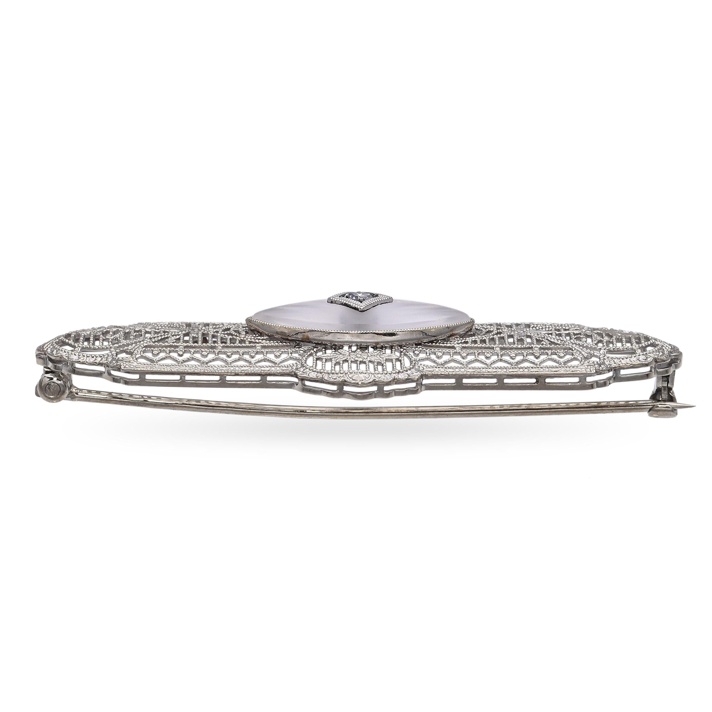 Antique 10k White Gold Diamond and Intaglio Filigree Bar Brooch
