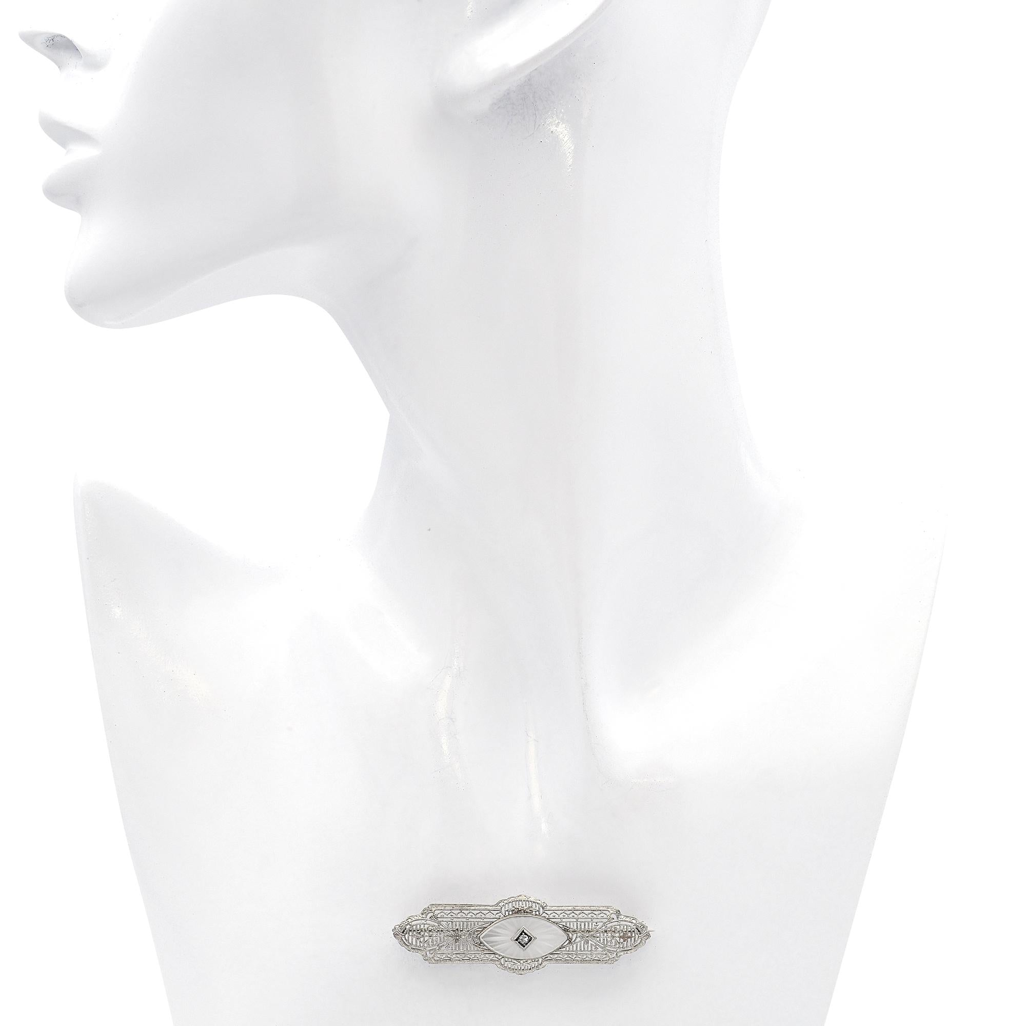 Antique 10k White Gold Diamond and Intaglio Filigree Bar Brooch