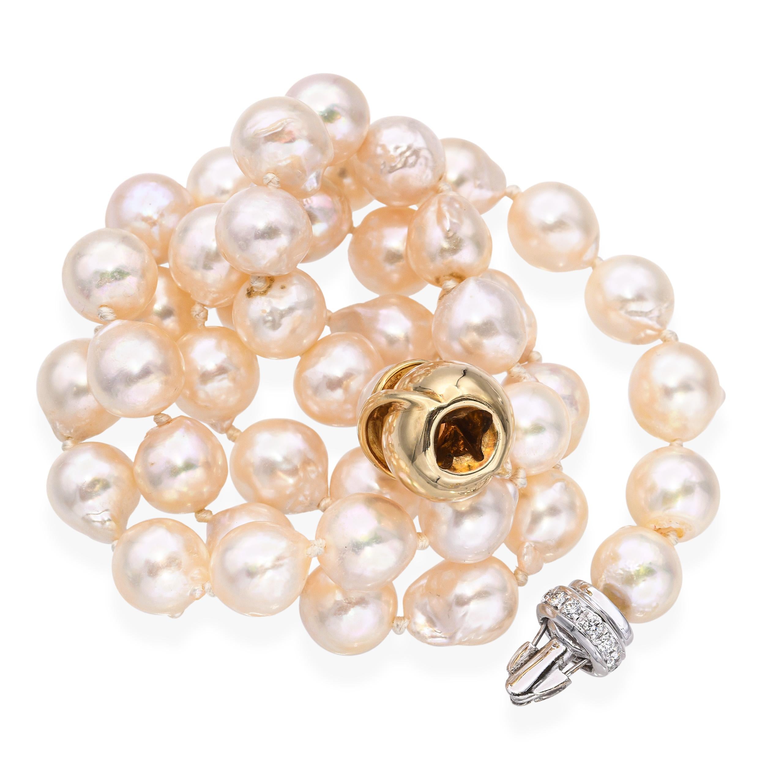 Vintage 14k Yellow Gold and Diamond Clasp Semi-Baroque Pearl Strand Necklace