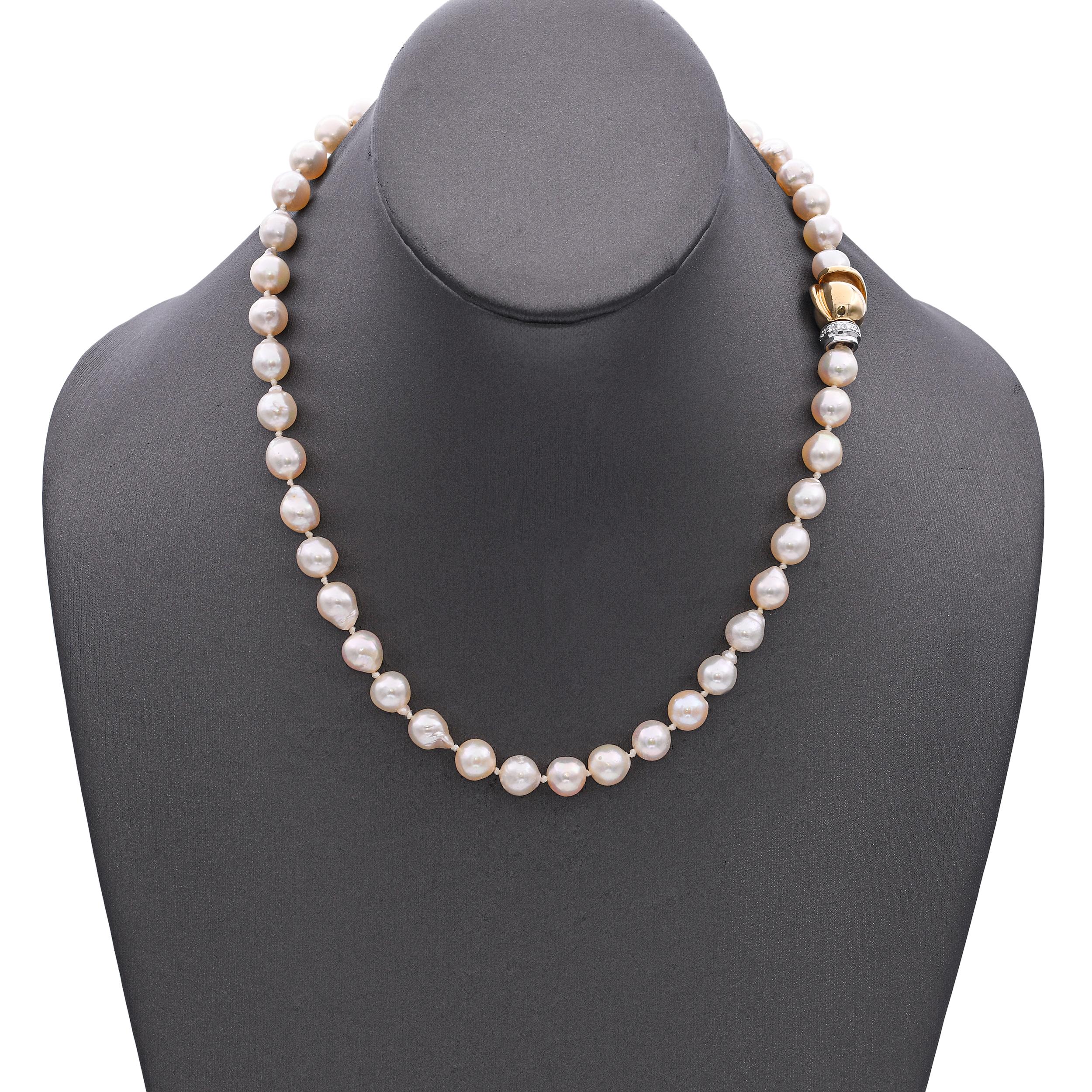 Vintage 14k Yellow Gold and Diamond Clasp Semi-Baroque Pearl Strand Necklace