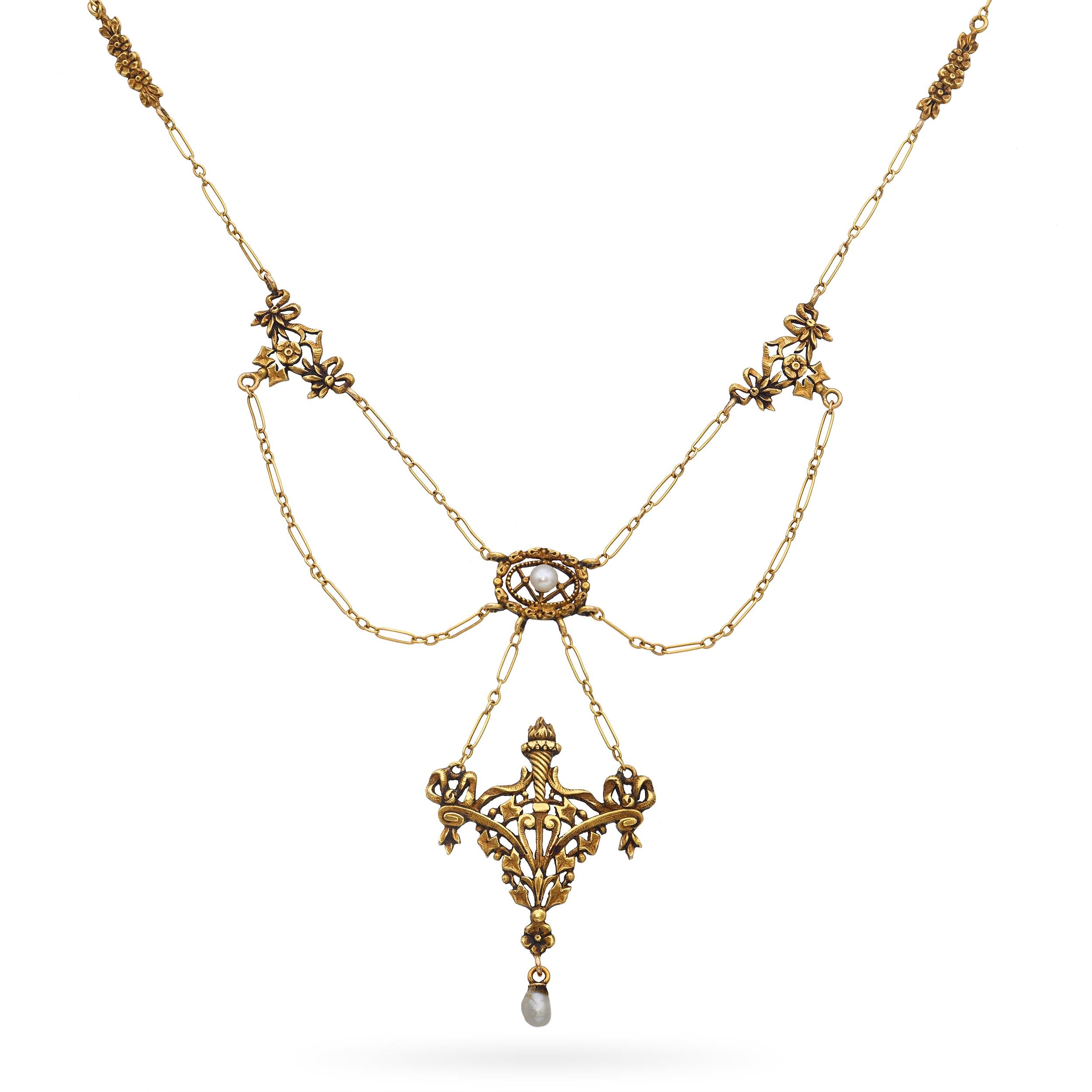 Antique Victorian 19k Yellow Gold Natural Seed Pearl Festoon Necklace