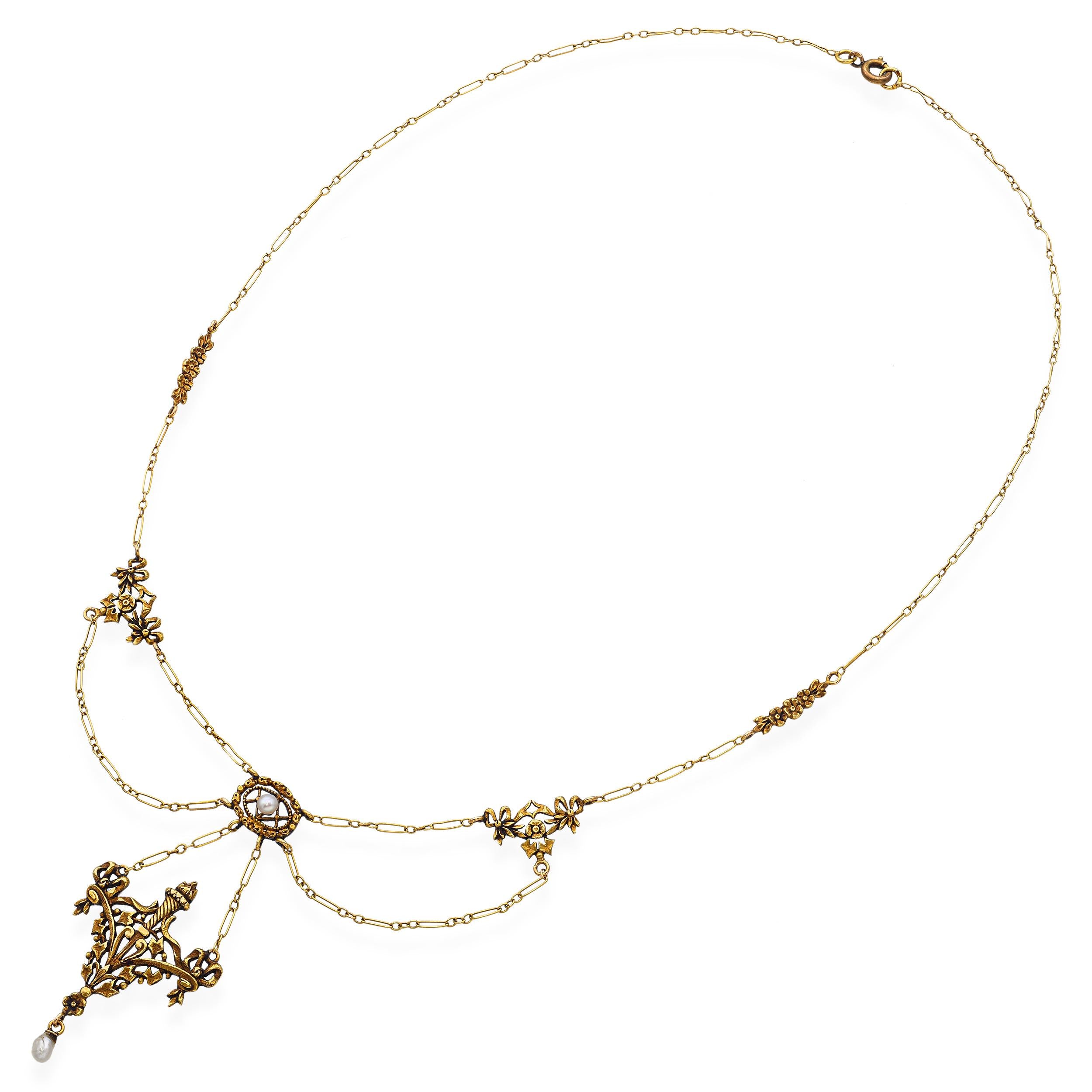 Antique Victorian 19k Yellow Gold Natural Seed Pearl Festoon Necklace