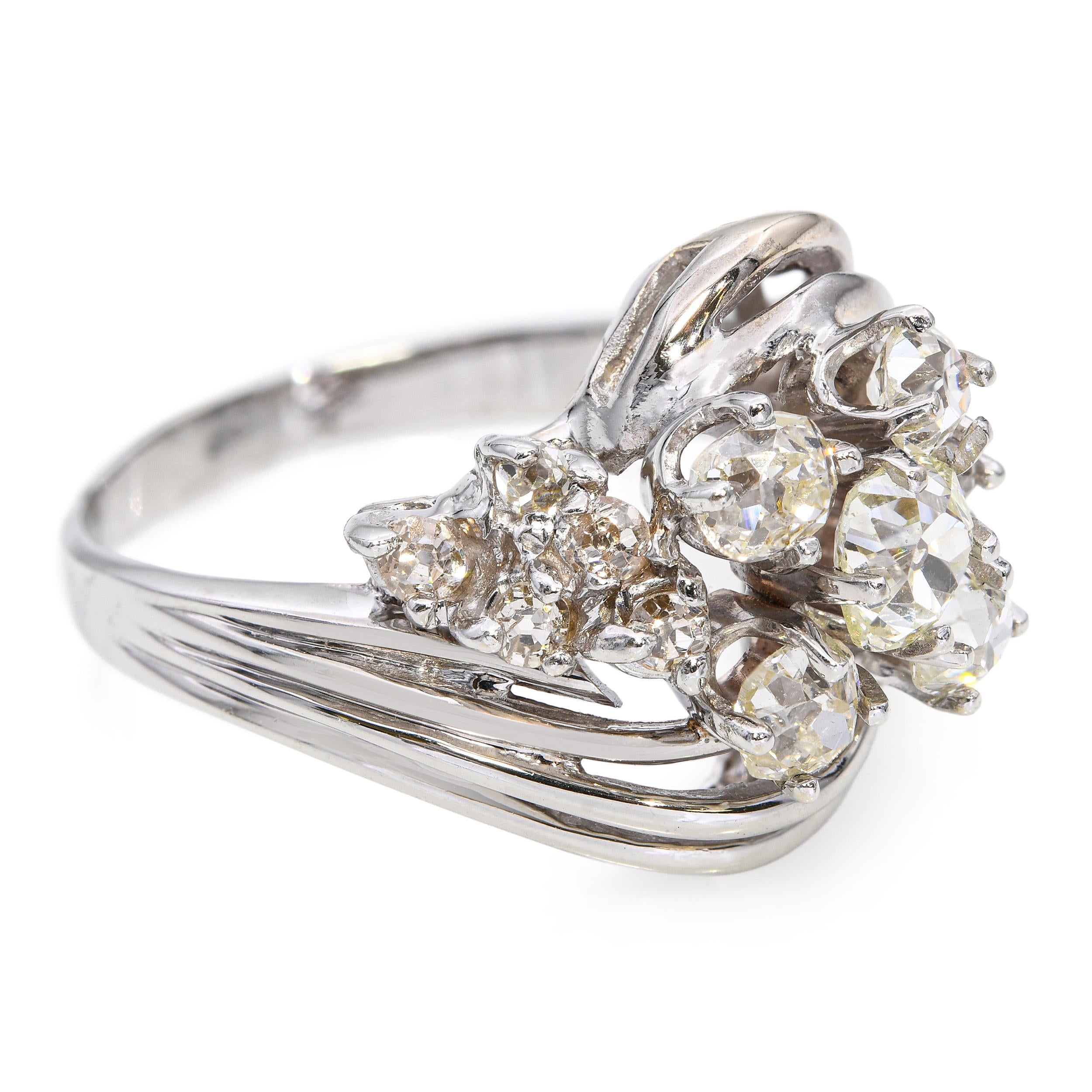 Vintage 14k White Gold 1.83tcw Old Mine Cut Diamond Cluster Ring