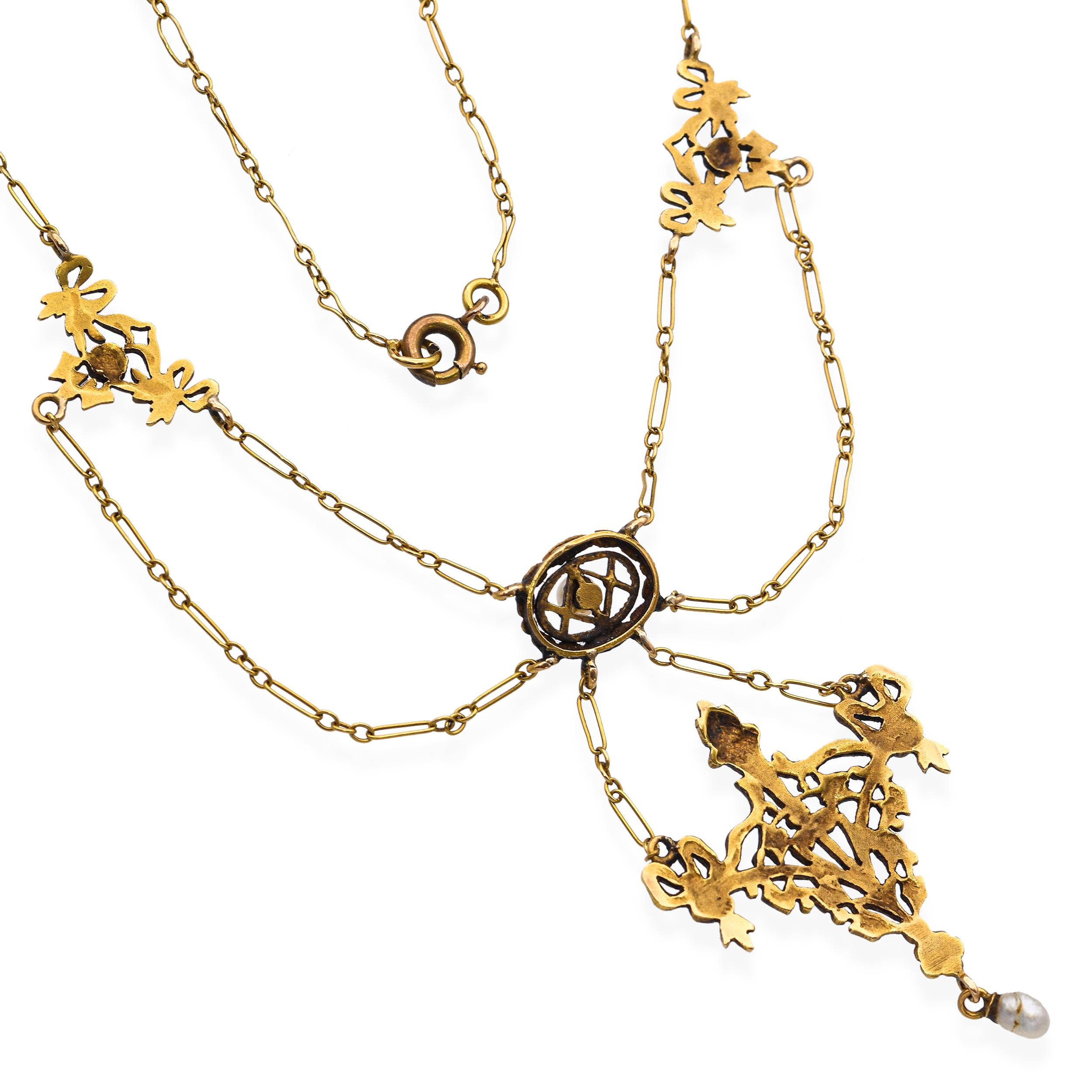 Antique Victorian 19k Yellow Gold Natural Seed Pearl Festoon Necklace