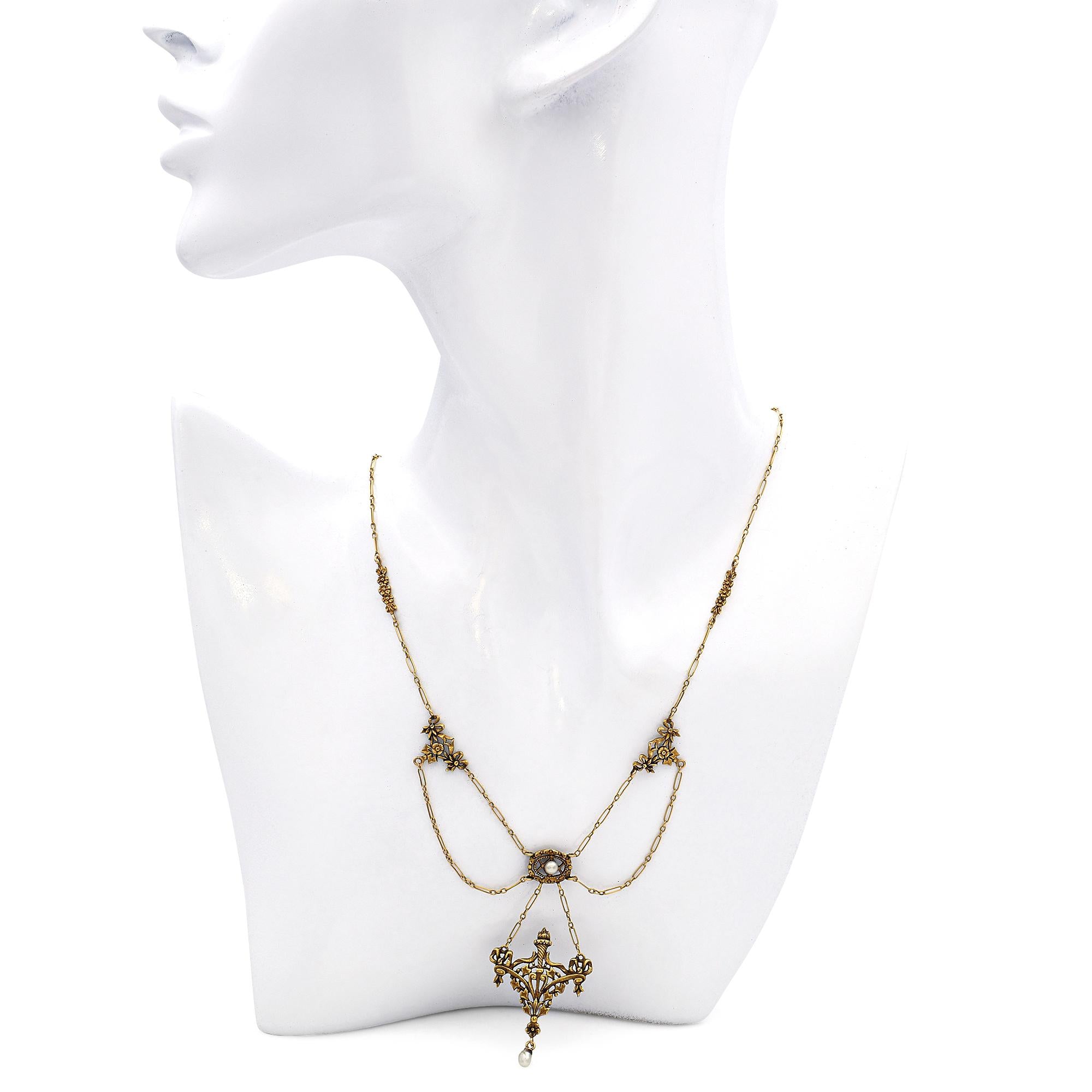 Antique Victorian 19k Yellow Gold Natural Seed Pearl Festoon Necklace