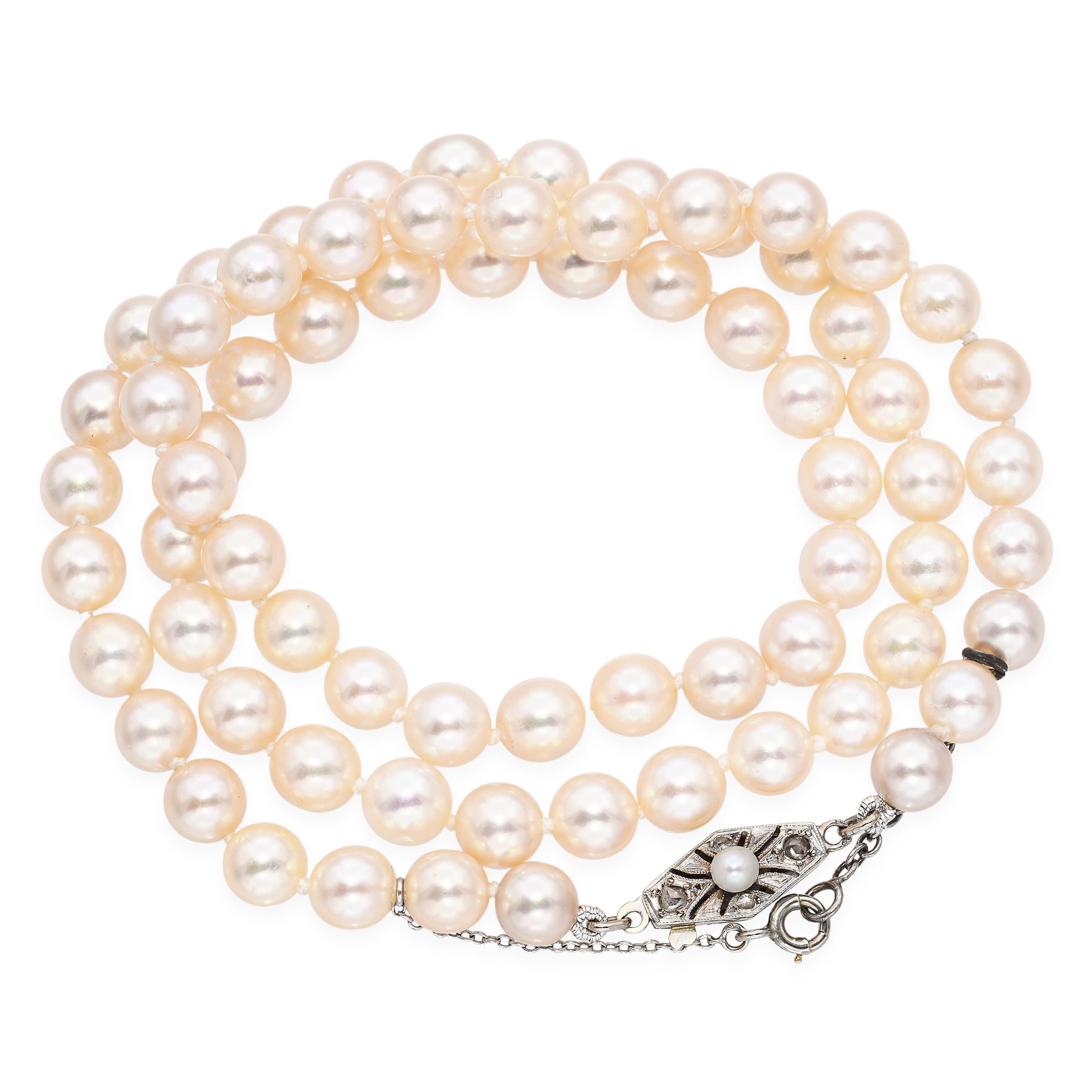 Antique 18k White Gold Diamond Clasp Pearl Strand Necklace