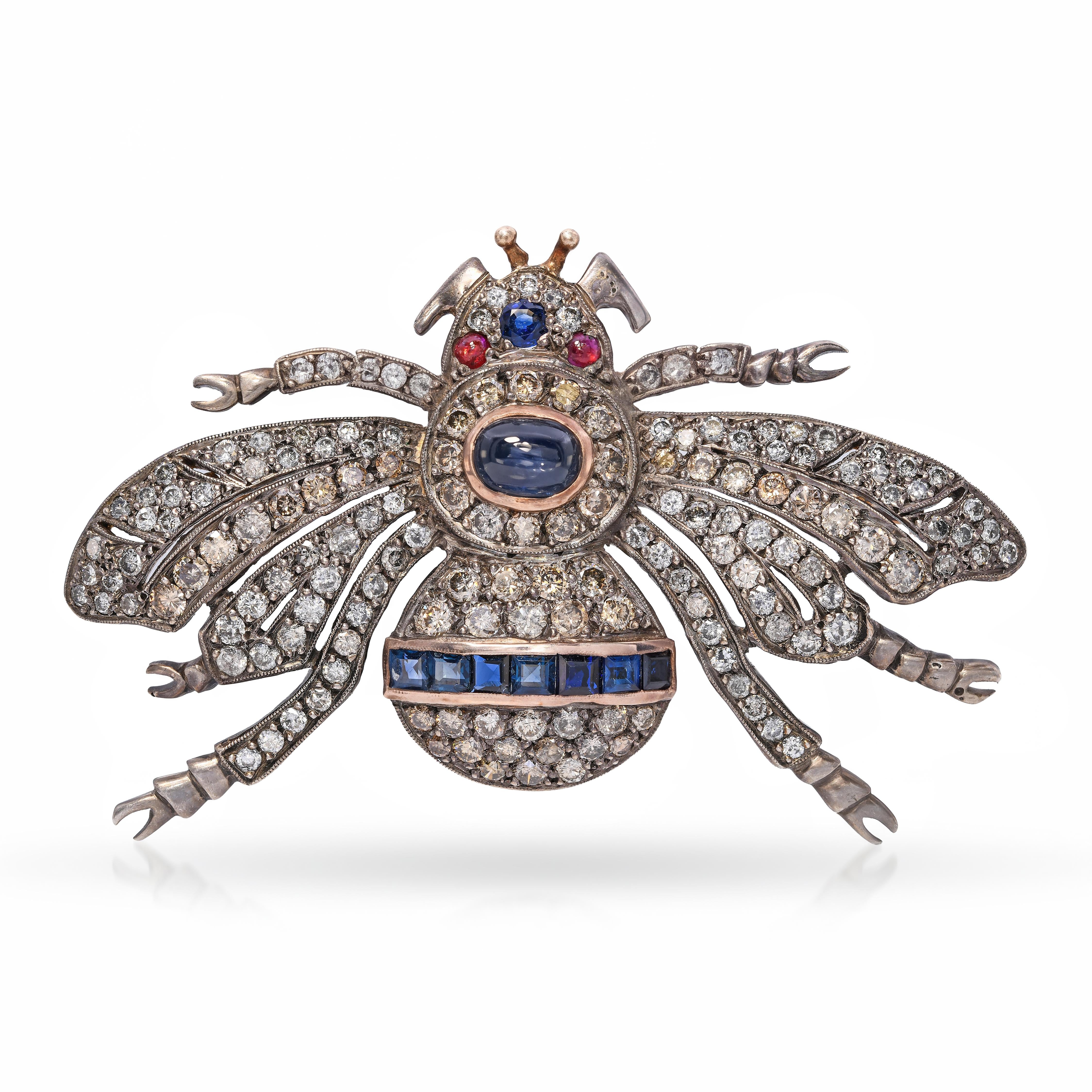 Vintage Silver & 9k Yellow Gold 3.62tcw Diamond & 3.63tcw Sapphire Bee Brooch