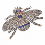 Vintage Silver & 9k Yellow Gold 3.62tcw Diamond & 3.63tcw Sapphire Bee Brooch