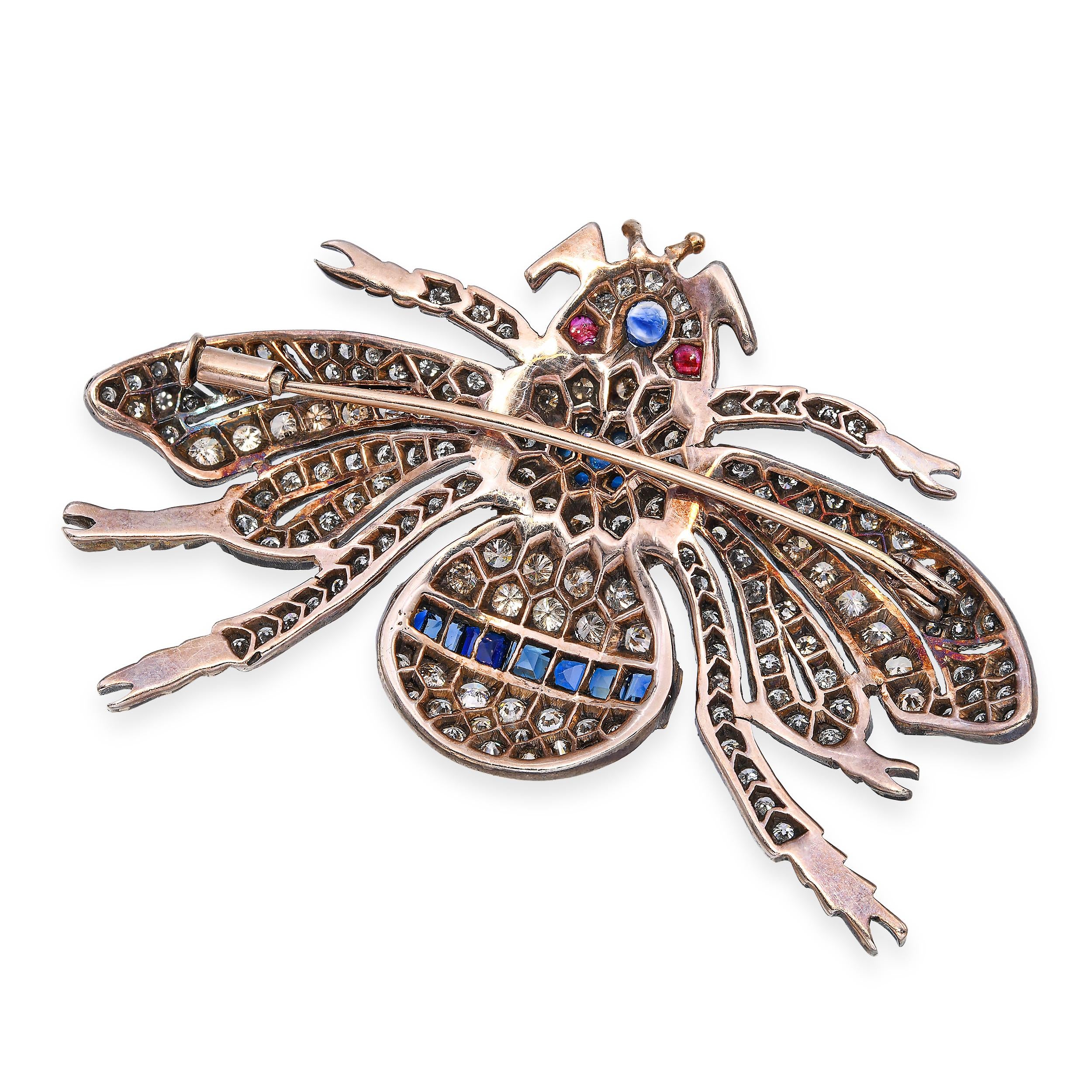 Vintage Silver & 9k Yellow Gold 3.62tcw Diamond & 3.63tcw Sapphire Bee Brooch