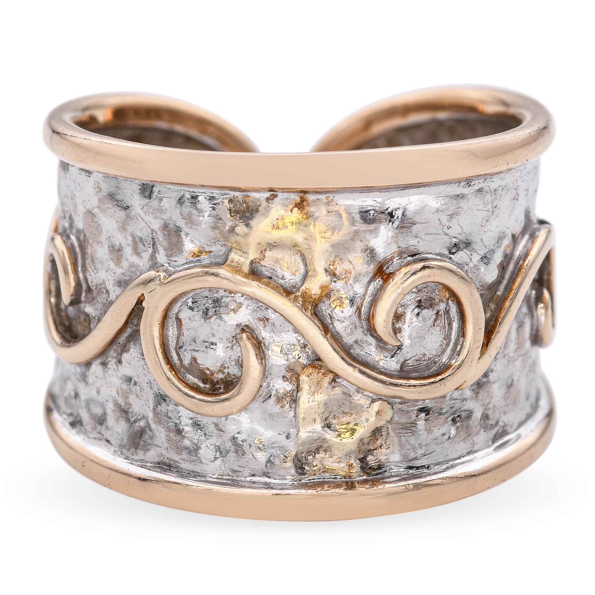 Vintage Ming's 14k Two-Tone Gold Hammered and Chased Motif Open Band Ring