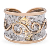 Vintage Ming's 14k Two-Tone Gold Hammered and Chased Motif Open Band Ring