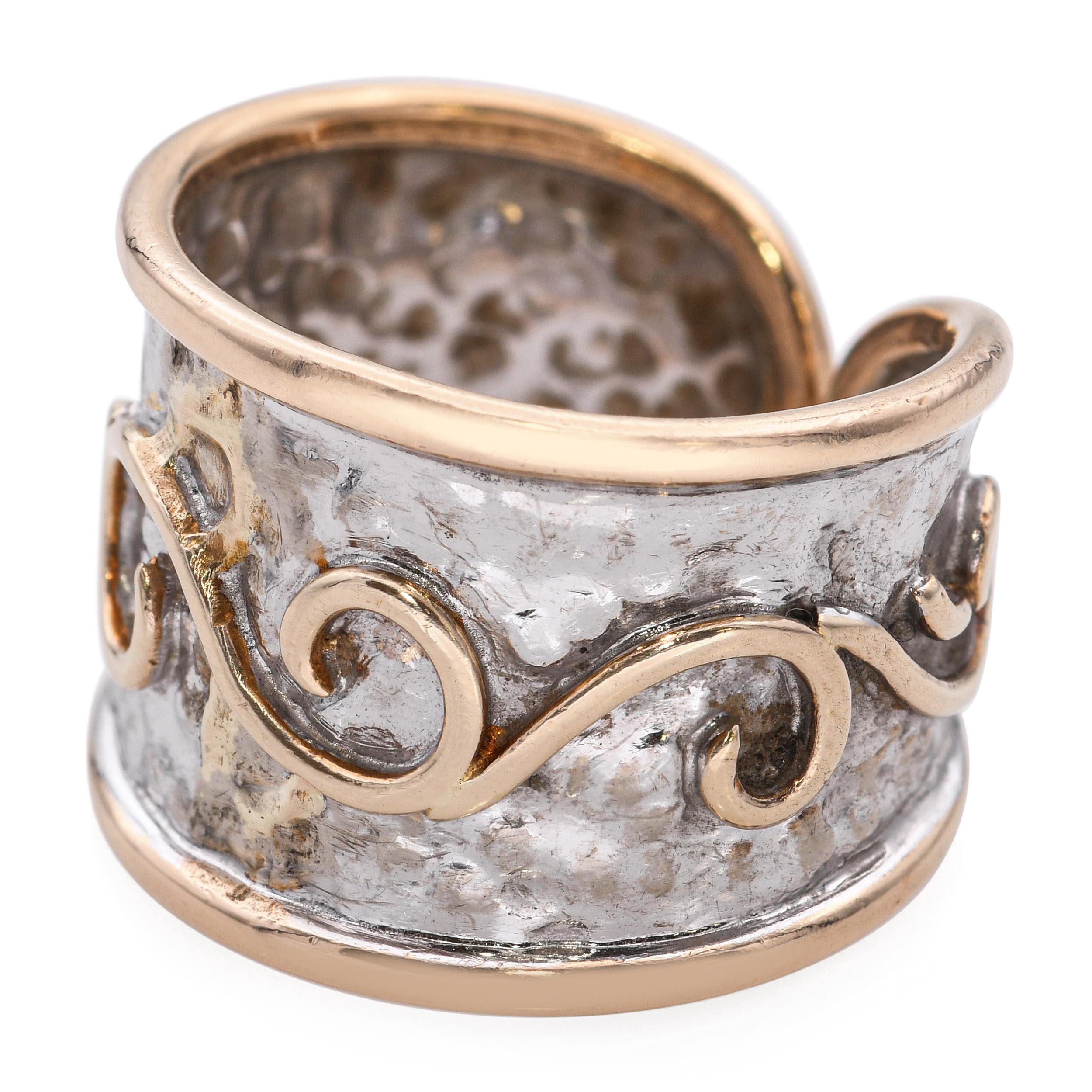 Vintage Ming's 14k Two-Tone Gold Hammered and Chased Motif Open Band Ring