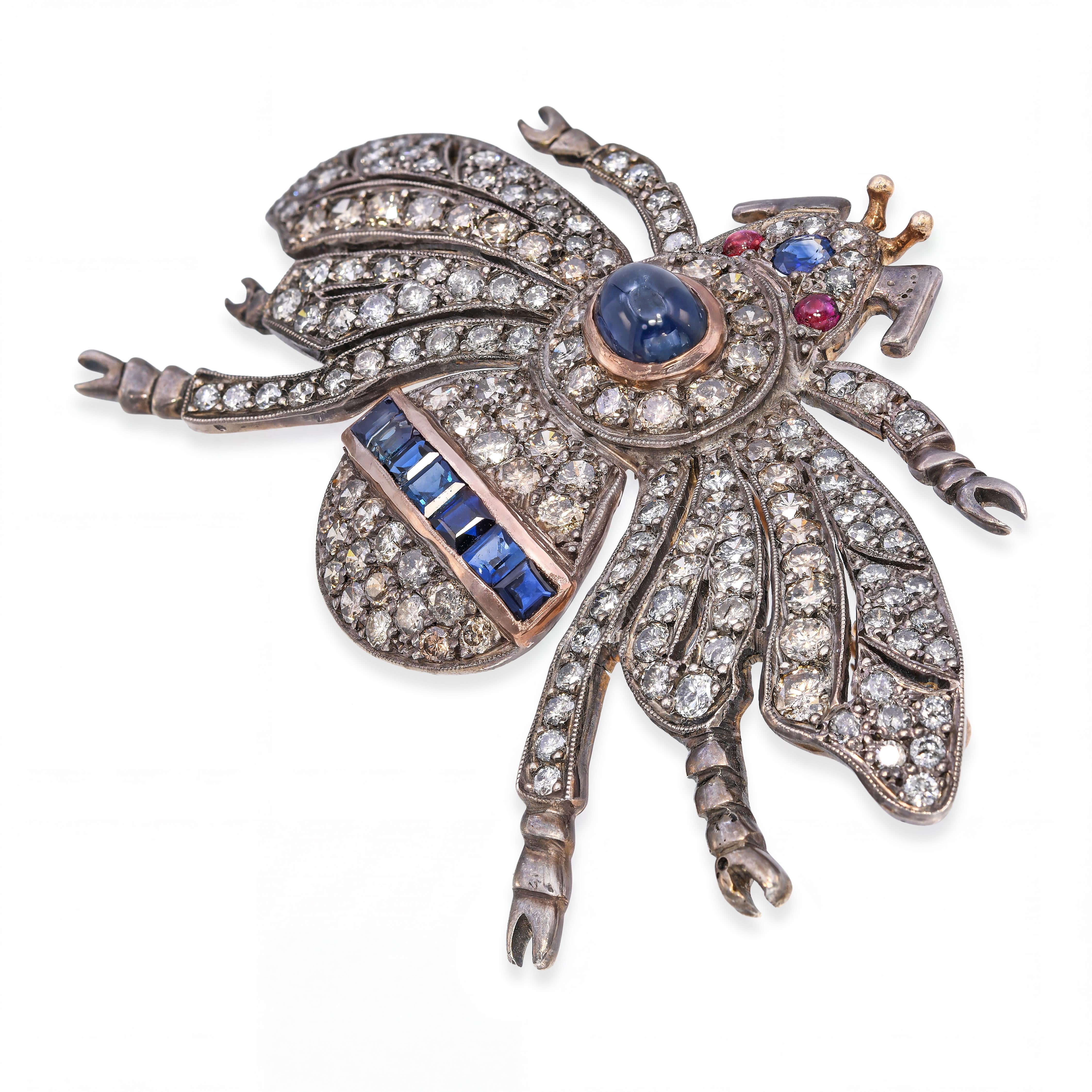 Vintage Silver & 9k Yellow Gold 3.62tcw Diamond & 3.63tcw Sapphire Bee Brooch