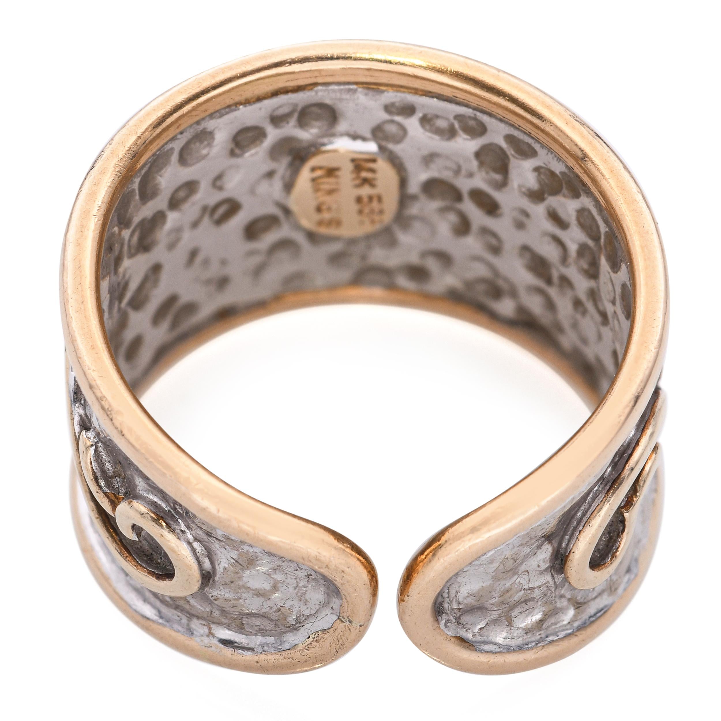 Vintage Ming's 14k Two-Tone Gold Hammered and Chased Motif Open Band Ring