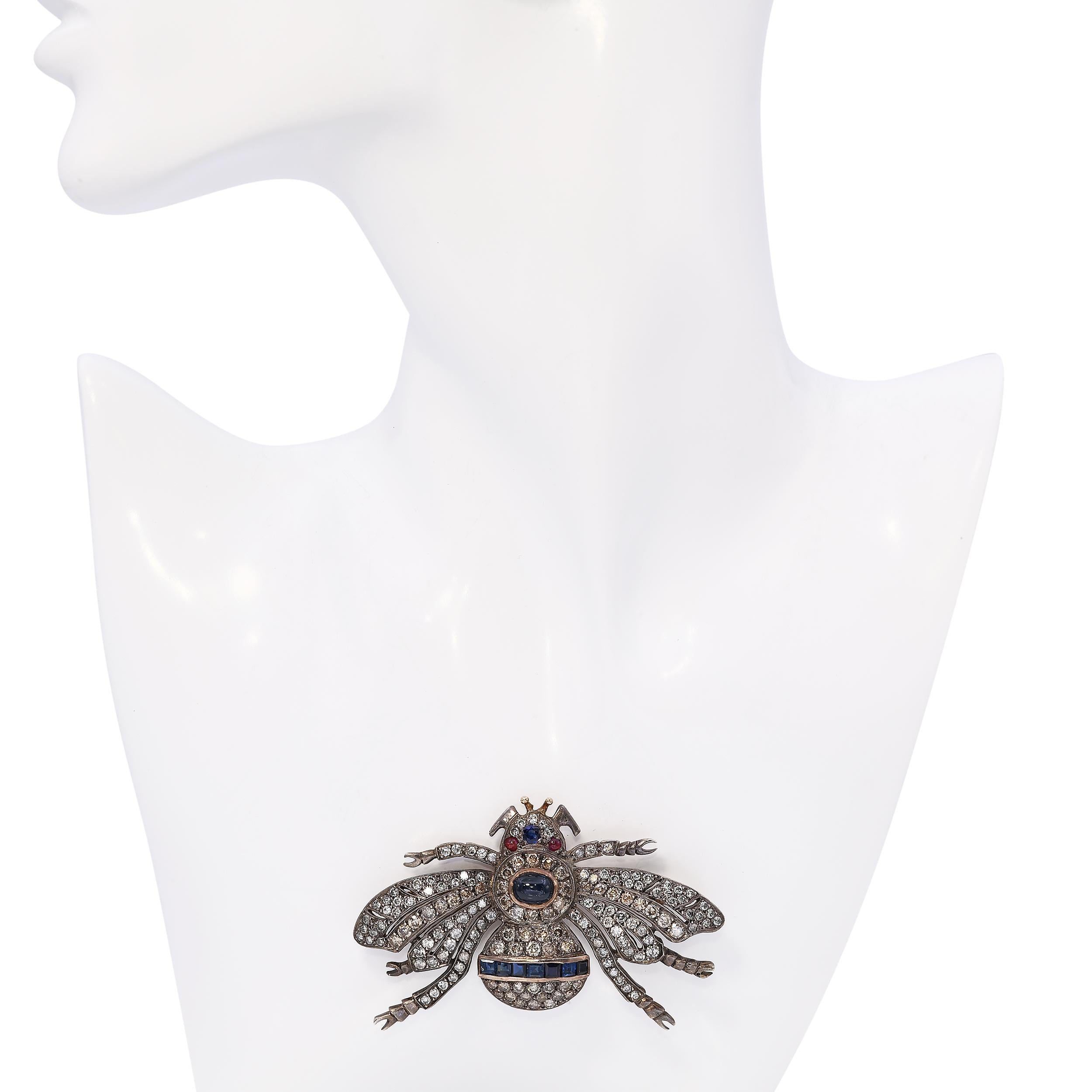 Vintage Silver & 9k Yellow Gold 3.62tcw Diamond & 3.63tcw Sapphire Bee Brooch