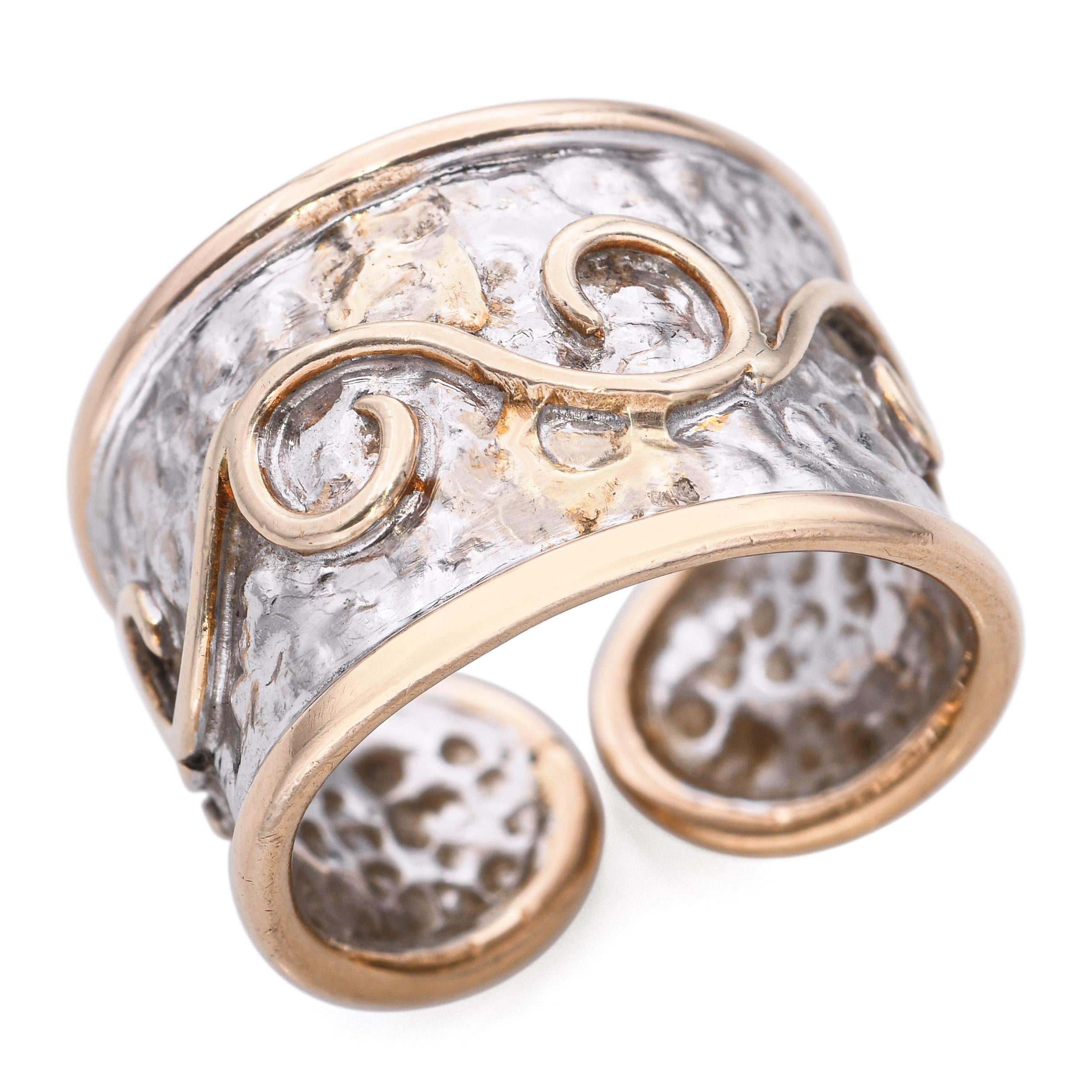 Vintage Ming's 14k Two-Tone Gold Hammered and Chased Motif Open Band Ring