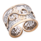 Vintage Ming's 14k Two-Tone Gold Hammered and Chased Motif Open Band Ring